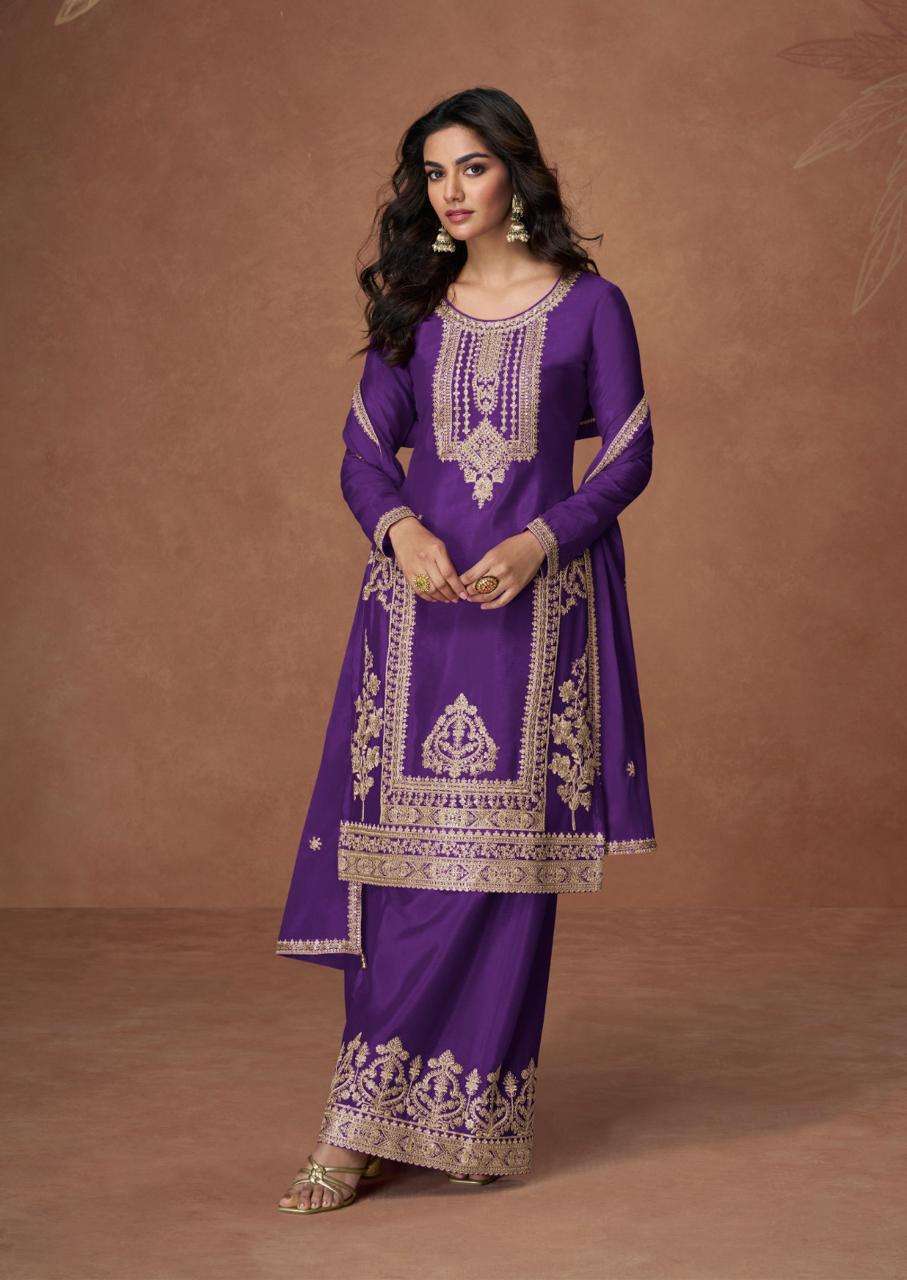 DESIGNER WEDDING PARTY WEAR REAL CHINON PURPLE SHARARA SALWAR SUIT AF ANUPAMA 10259