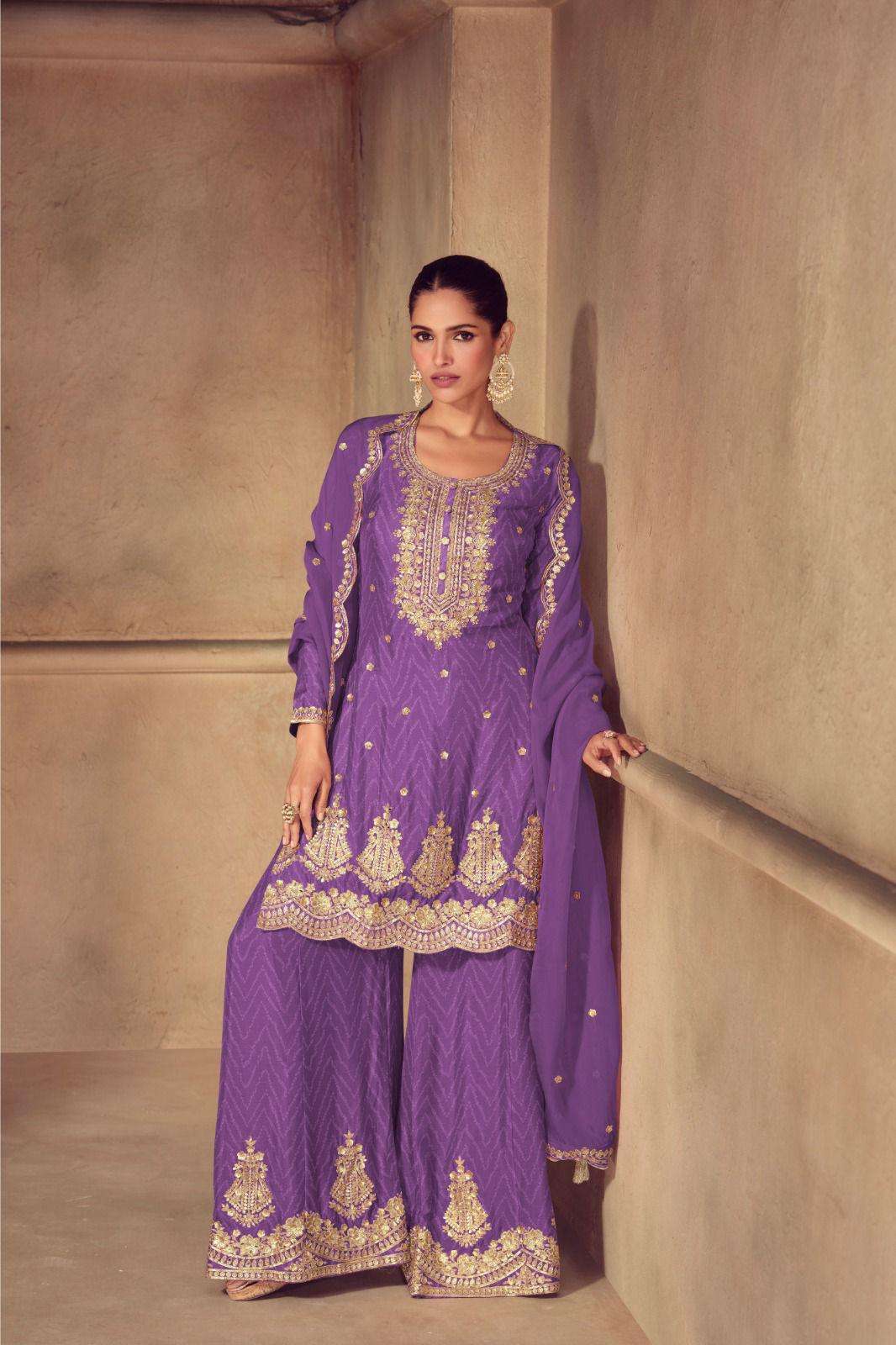DESIGNER WEDDING PARTY WEAR REAL CHINON PURPLE SHARARA SALWAR SUIT GL SONIKA 7551 C