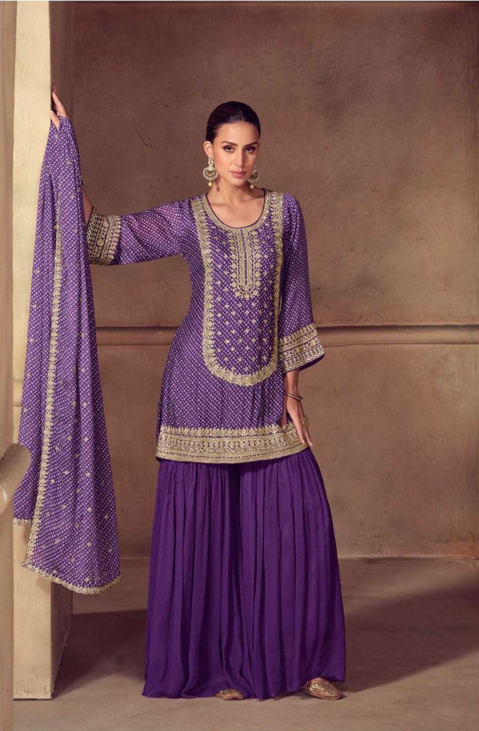 DESIGNER WEDDING PARTY WEAR REAL CHINON PURPLE SHARARA PALLAZO SALWAR SUIT GL MRUNAL 7571
