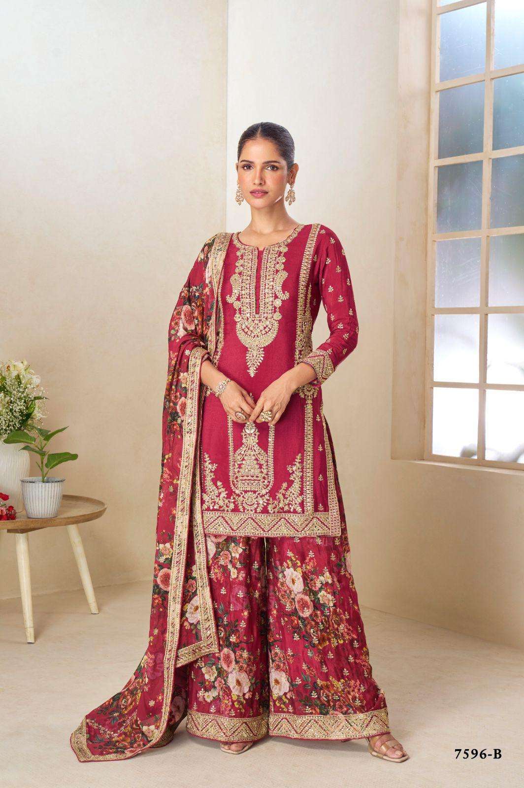 DESIGNER WEDDING PARTY WEAR REAL CHINON RED SHARARA PALLAZO SALWAR SUIT GL PARUL 7596 B