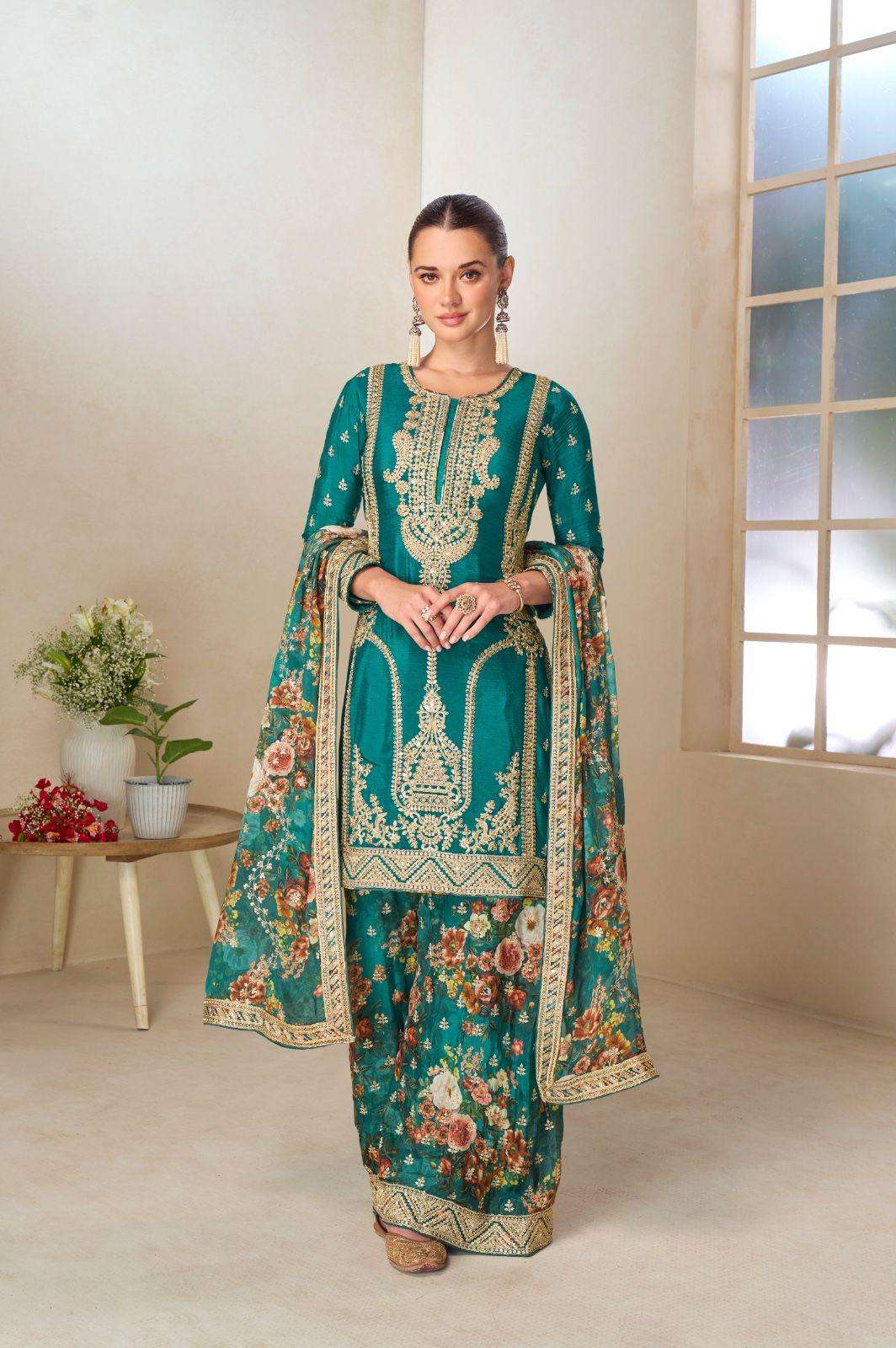 DESIGNER WEDDING PARTY WEAR REAL CHINON TEAL BLUE SHARARA PALLAZO SALWAR SUIT GL PARUL 7596 A