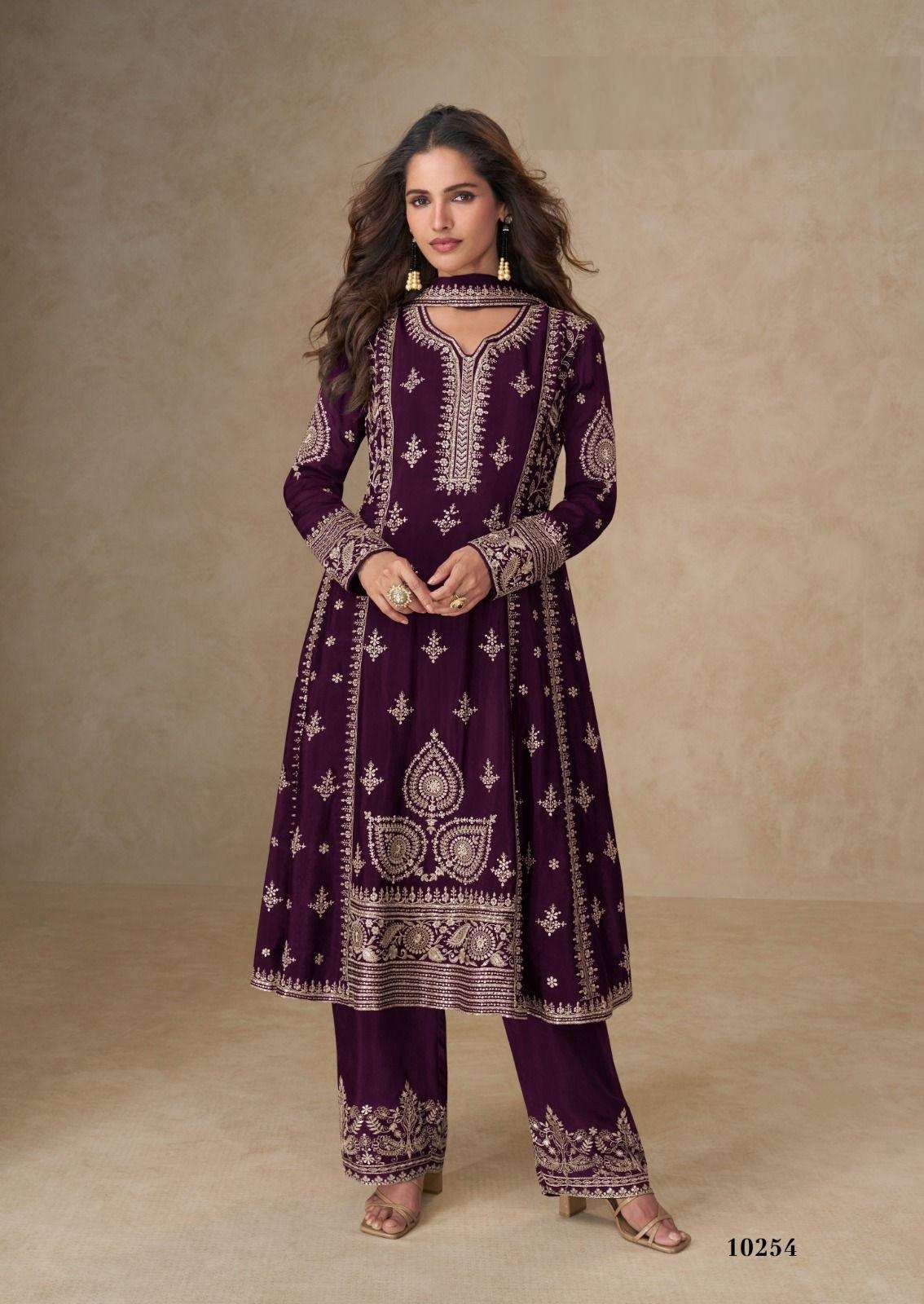 DESIGNER WEDDING PARTY WEAR REAL CHINON WINE PURPLE STRAIGHT SALWAR SUIT AF MUSKAN 10254