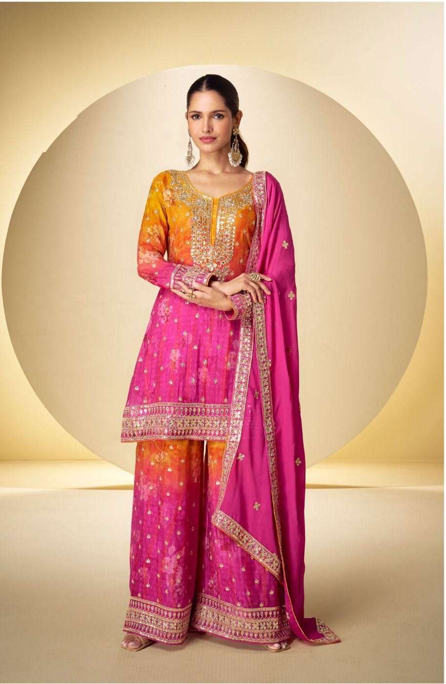 DESIGNER WEDDING PARTY WEAR REAL CHINON YELLOW PINK SHARARA PALLAZO SALWAR SUIT SY KANIKA 7599
