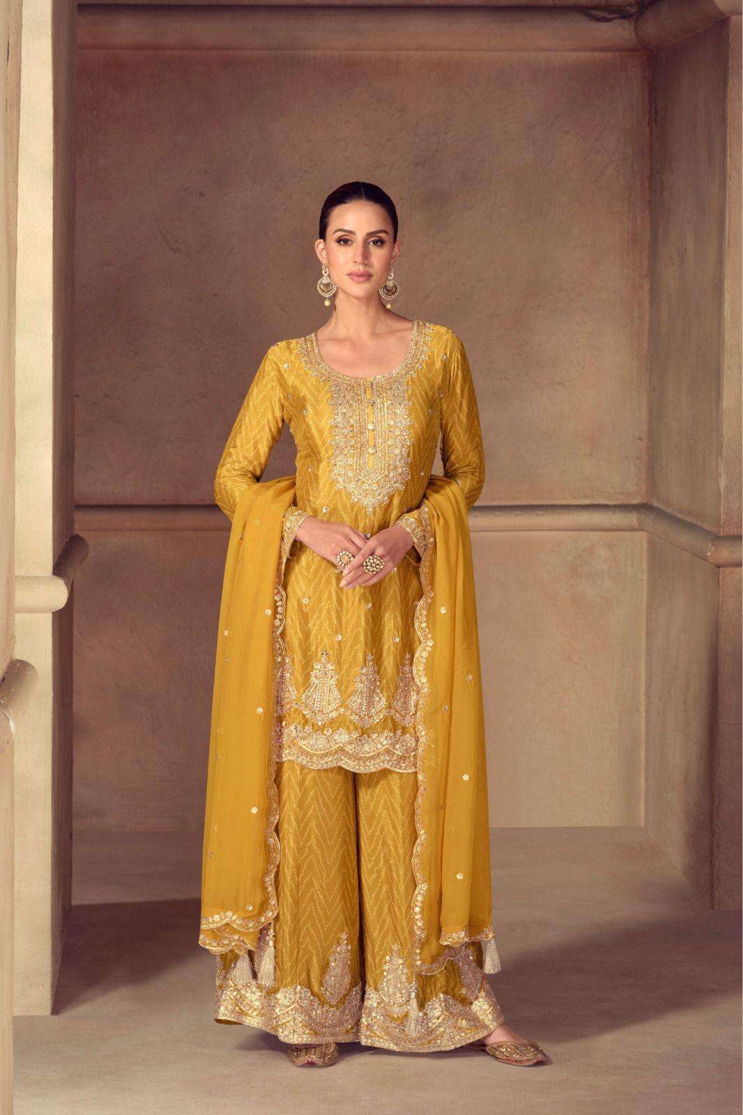 DESIGNER WEDDING PARTY WEAR REAL CHINON YELLOW SHARARA SALWAR SUIT GL SONIKA 7551 B