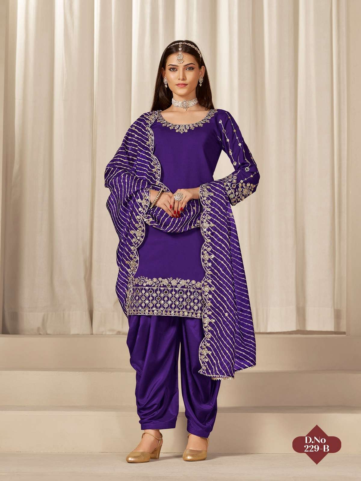 DESIGNER WEDDING PARTY WEAR ROMAN SILK PURPLE PATIYALA SALWAR SUIT WITH REAL MIRROR ANY 229 B