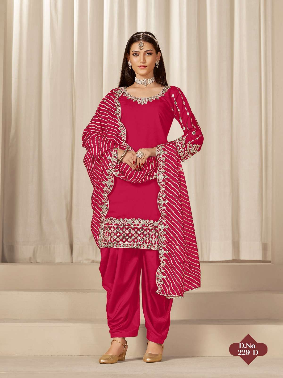 DESIGNER WEDDING PARTY WEAR ROMAN SILK RANI PINK PATIYALA SALWAR SUIT WITH REAL MIRROR ANY 229 D