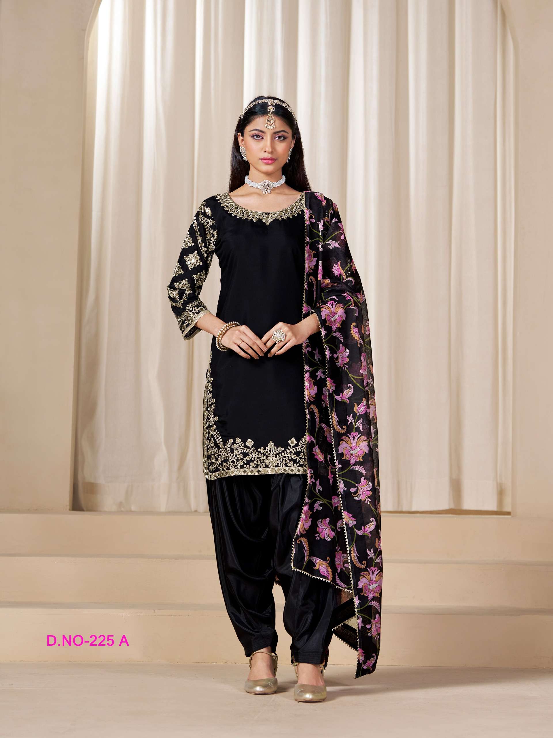 DESIGNER WEDDING PARTY WEAR ROMAN SILK REAL MIRROR BLACK PATIYALA SALWAR SUIT ANY 225 A