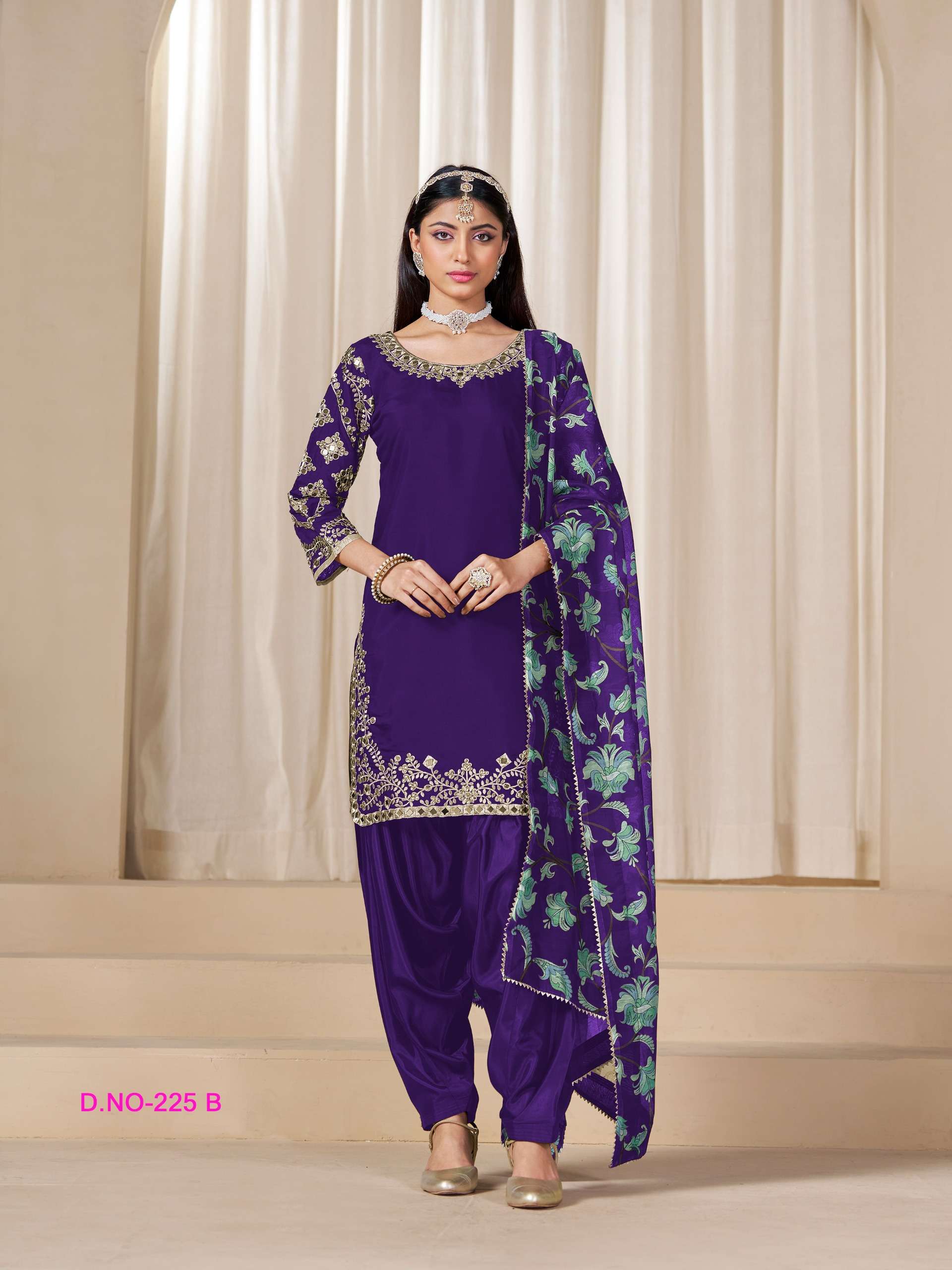 DESIGNER WEDDING PARTY WEAR ROMAN SILK REAL MIRROR PURPLE PATIYALA SALWAR SUIT ANY 225 B