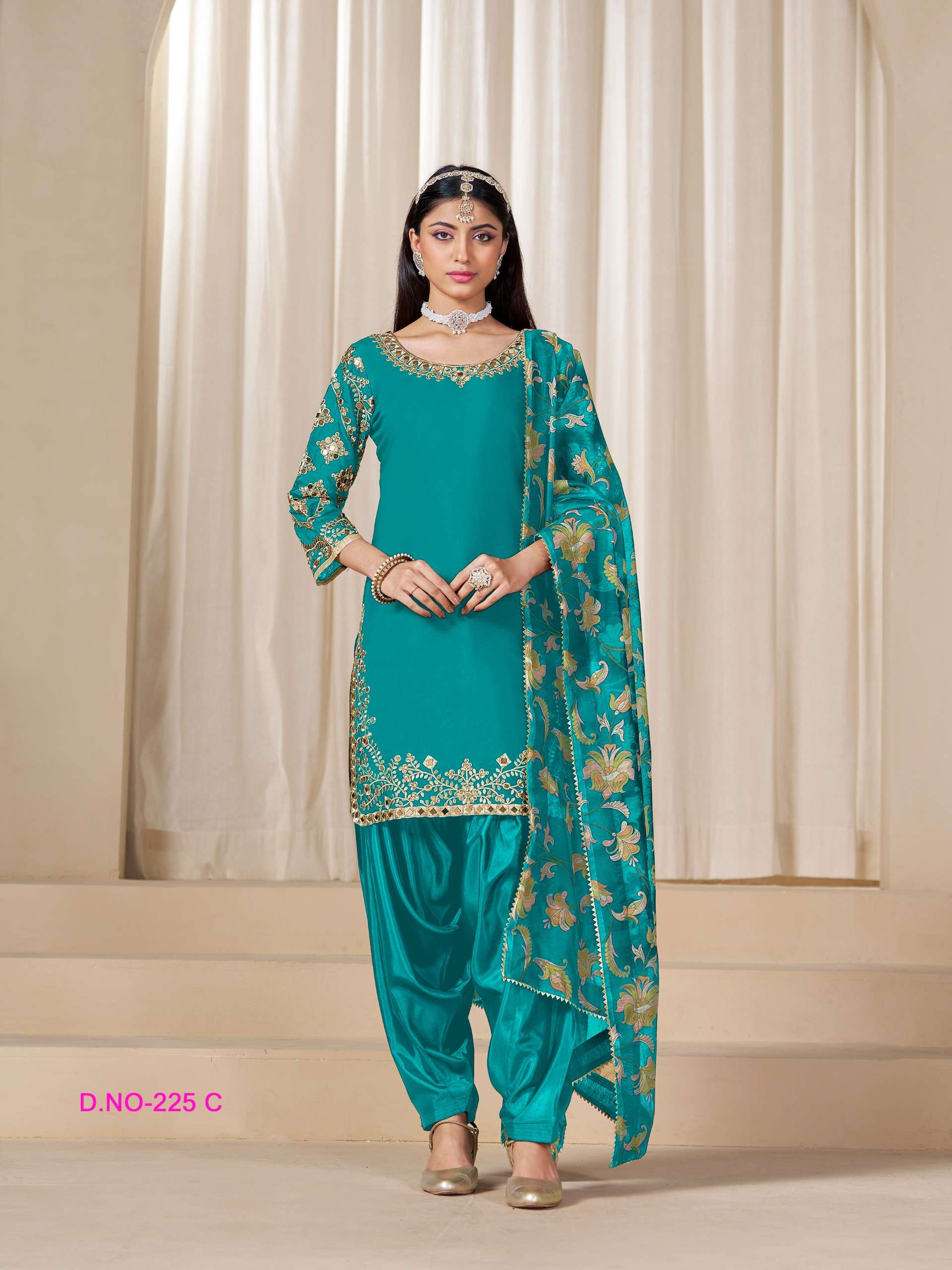 DESIGNER WEDDING PARTY WEAR ROMAN SILK REAL MIRROR BLUE PATIYALA SALWAR SUIT ANY 225 C