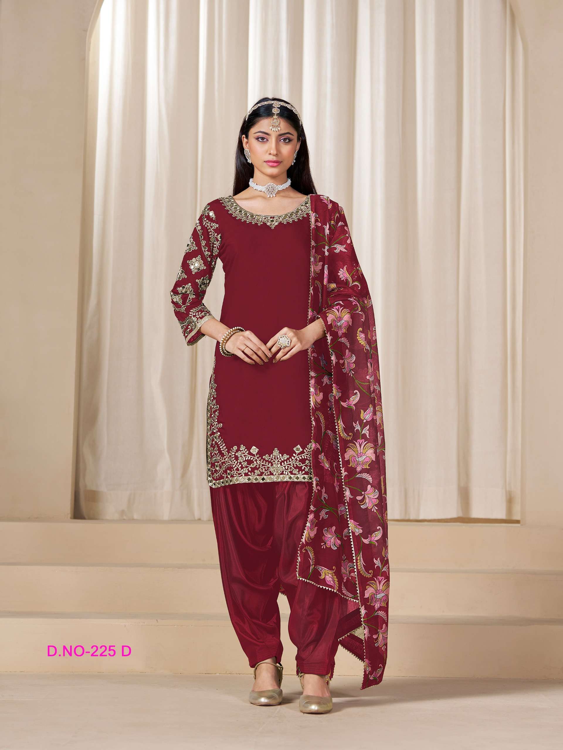 DESIGNER WEDDING PARTY WEAR ROMAN SILK REAL MIRROR RED PATIYALA SALWAR SUIT ANY 225 D