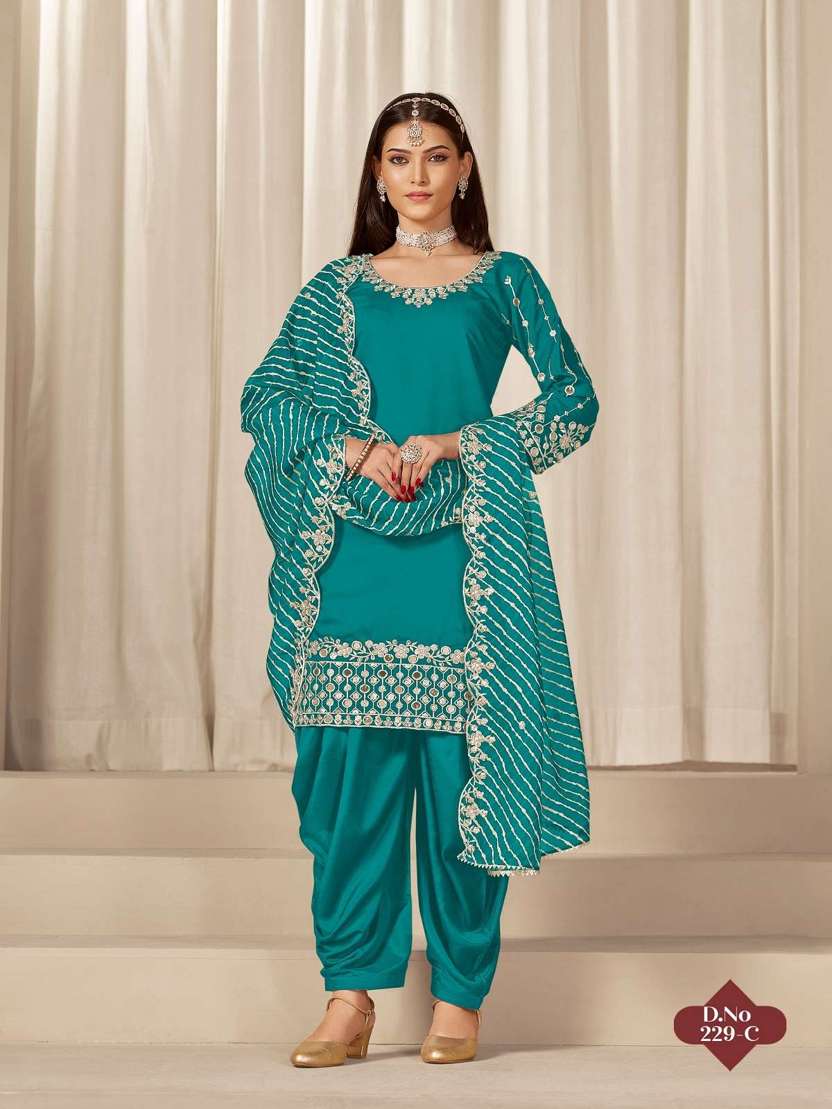 DESIGNER WEDDING PARTY WEAR ROMAN SILK TEAL BLUE PATIYALA SALWAR SUIT WITH REAL MIRROR ANY 229 C