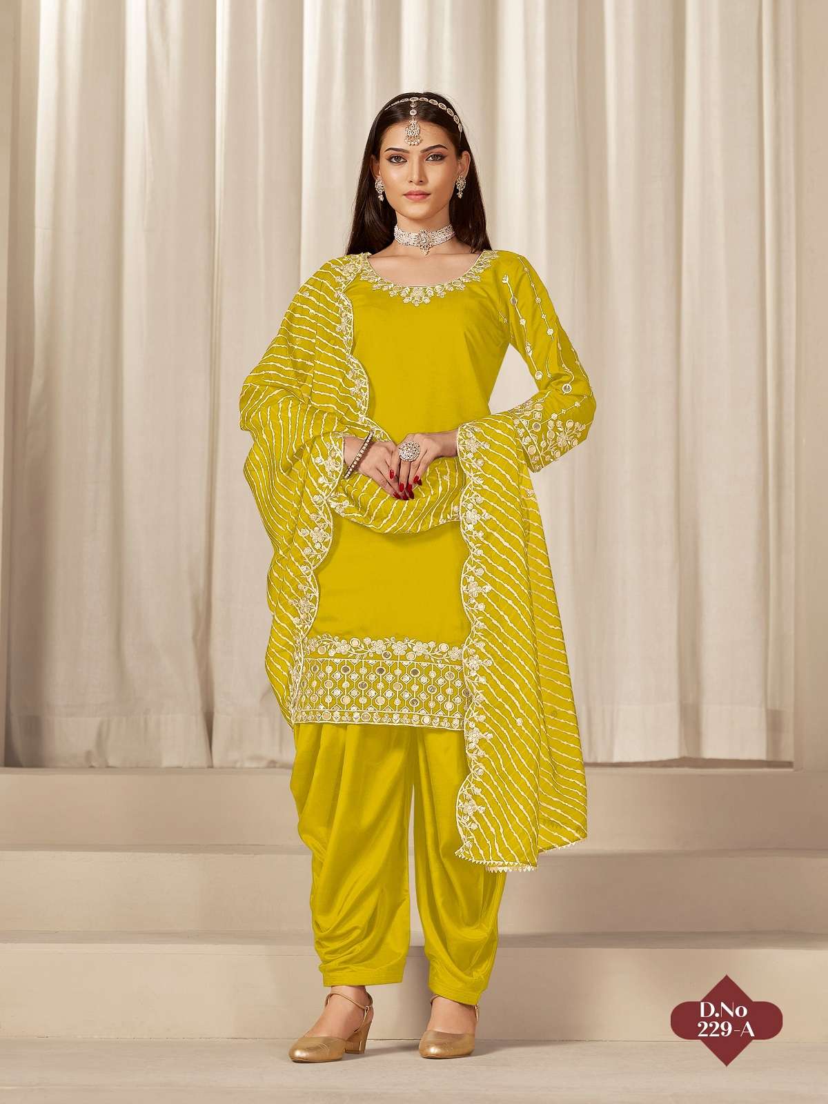 DESIGNER WEDDING PARTY WEAR ROMAN SILK YELLOW PATIYALA SALWAR SUIT WITH REAL MIRROR ANY 229 A