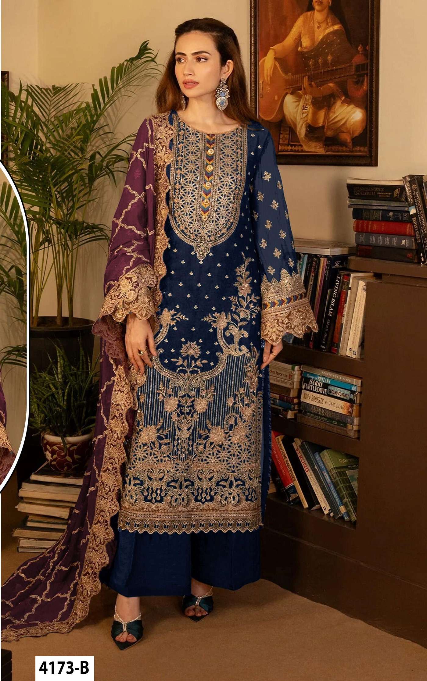 DESIGNER WEDDING PARTY WEAR STRAIGHT BLUE FAUX GEORGETTE PAKISTANI SALWAR SUIT JG 4173 B