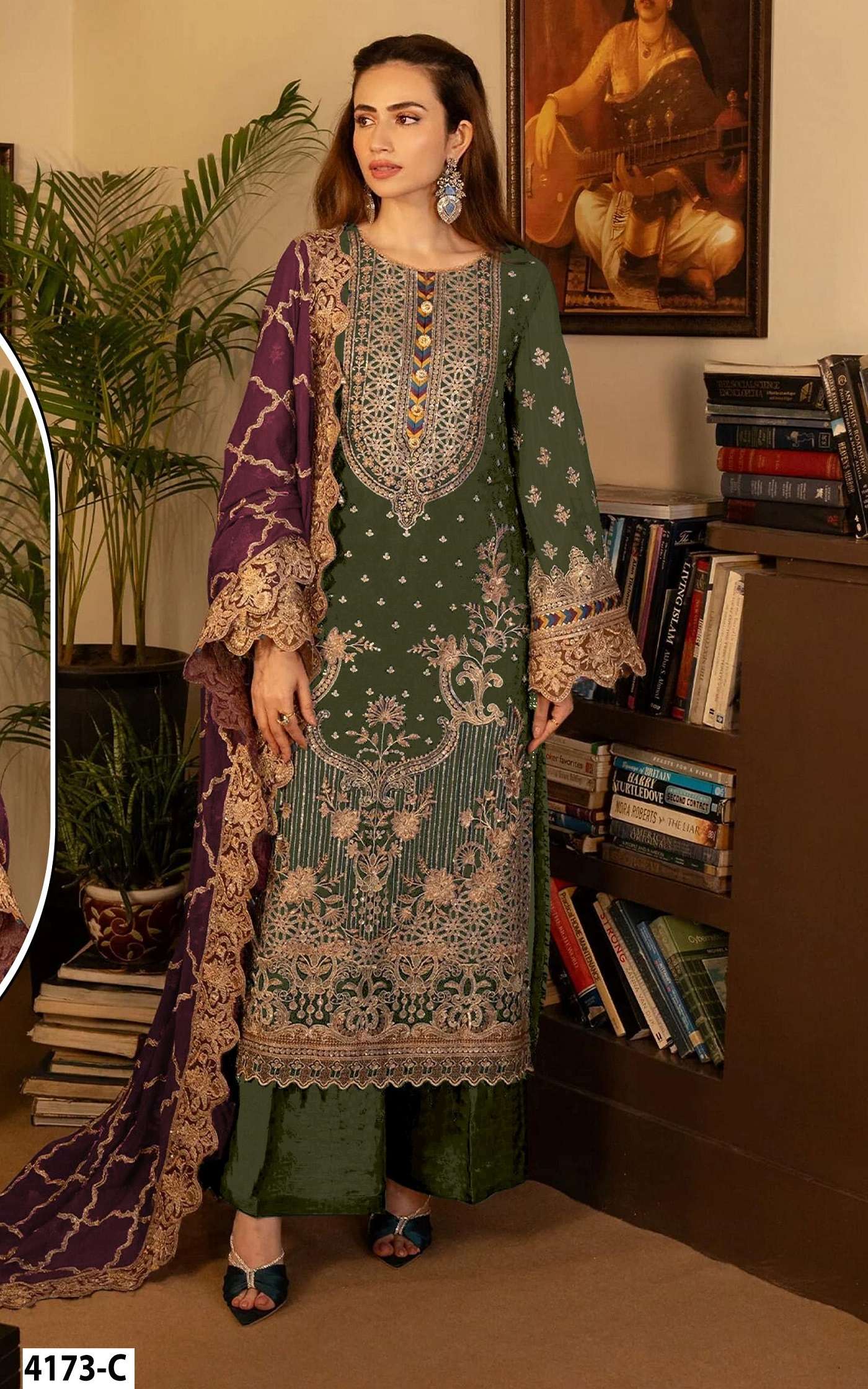 DESIGNER WEDDING PARTY WEAR STRAIGHT GREEN FAUX GEORGETTE PAKISTANI SALWAR SUIT JG 4173 C