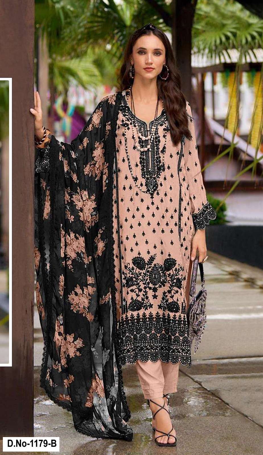 DESIGNER WEDDING PARTY WEAR STRAIGHT PEACH FAUX GEORGETTE PAKISTANI SALWAR SUIT SHF 1179 B