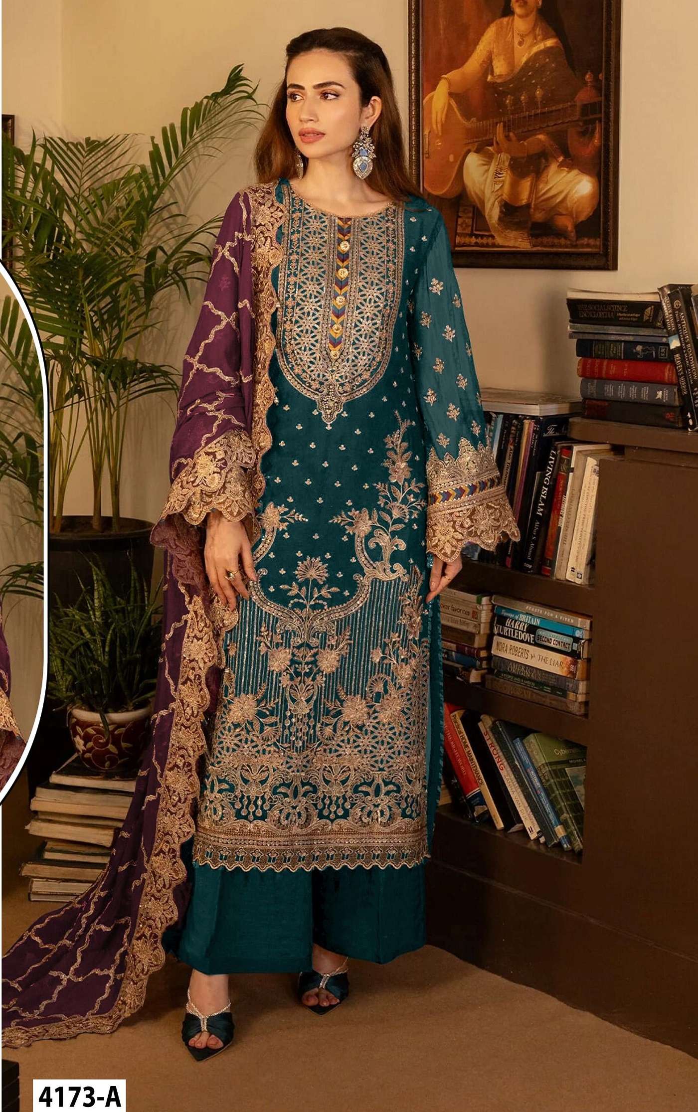 DESIGNER WEDDING PARTY WEAR STRAIGHT RAMA BLUE FAUX GEORGETTE PAKISTANI SALWAR SUIT JG 4173 A