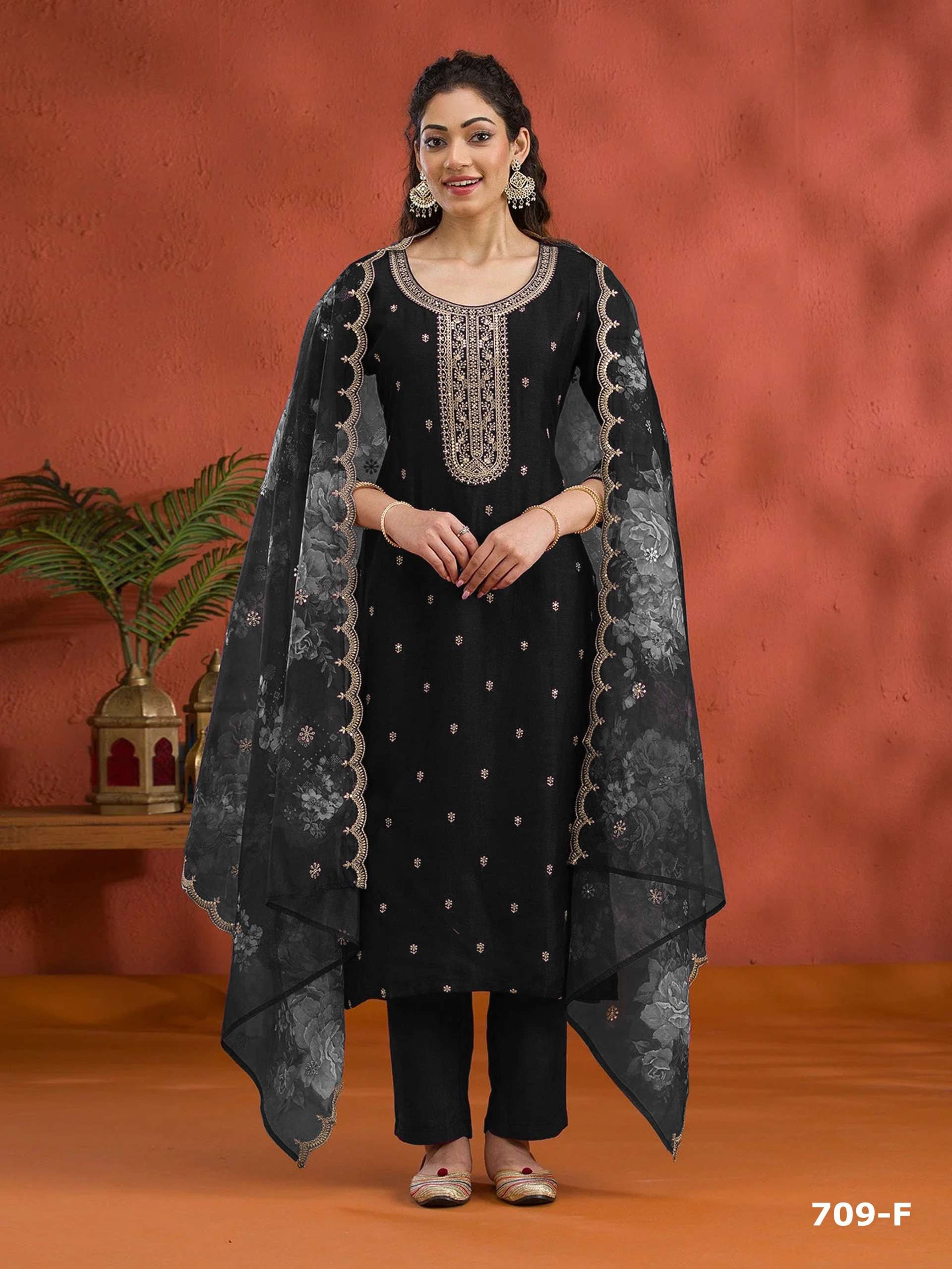 DESIGNER WEDDING PARTY WEAR VICHITRA SILK BLACK SALWAR SUIT PAKISTANI SUIT CP 709 F