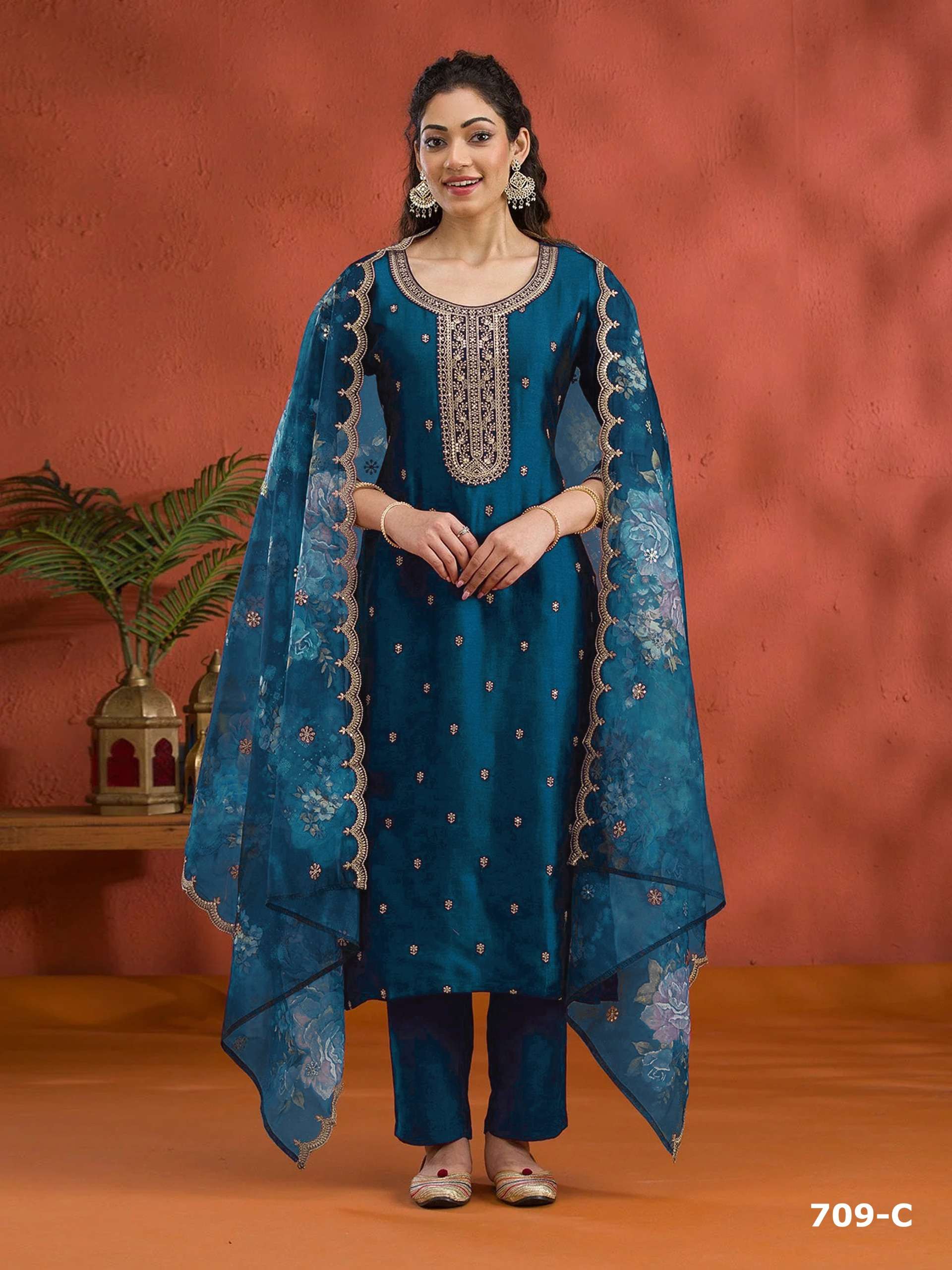 DESIGNER WEDDING PARTY WEAR VICHITRA SILK BLUE SALWAR SUIT PAKISTANI SUIT CP 709 C