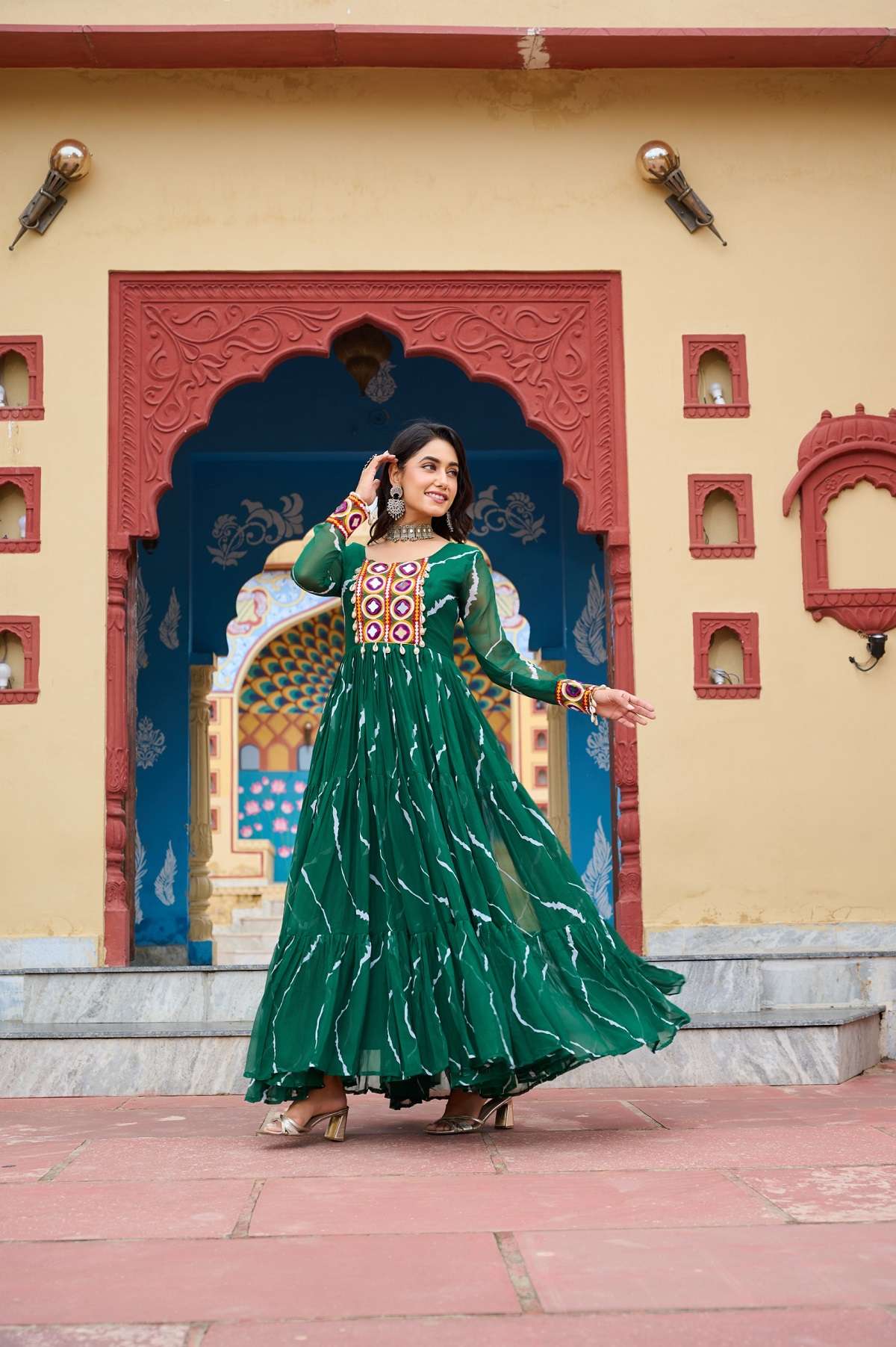 GREEN NAVATARI WEAR FANCY KURTI GOWN IN GEORGETTE FABRIC KU 1187 A