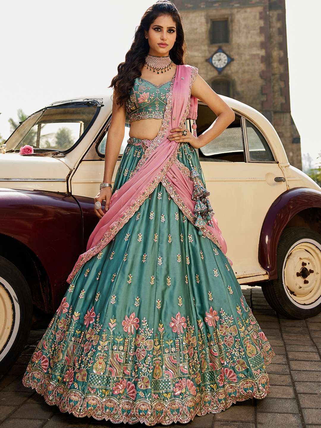 INDIAN DESIGNER BOLLYWOOD BRIDAL WEDDING PARTY WEAR GREEN GEORGETTE LEHENGA CHOLI NT 6163 B