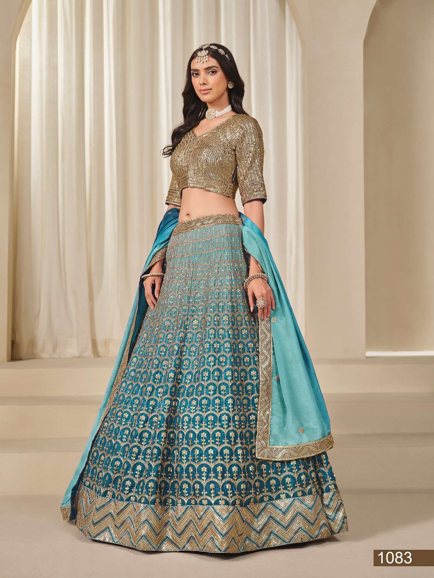 INDIAN DESIGNER BOLLYWOOD PARTY WEAR PREMIUM CHINON SILK SKY BLUE LEHENGA CHOLI ANY 1083