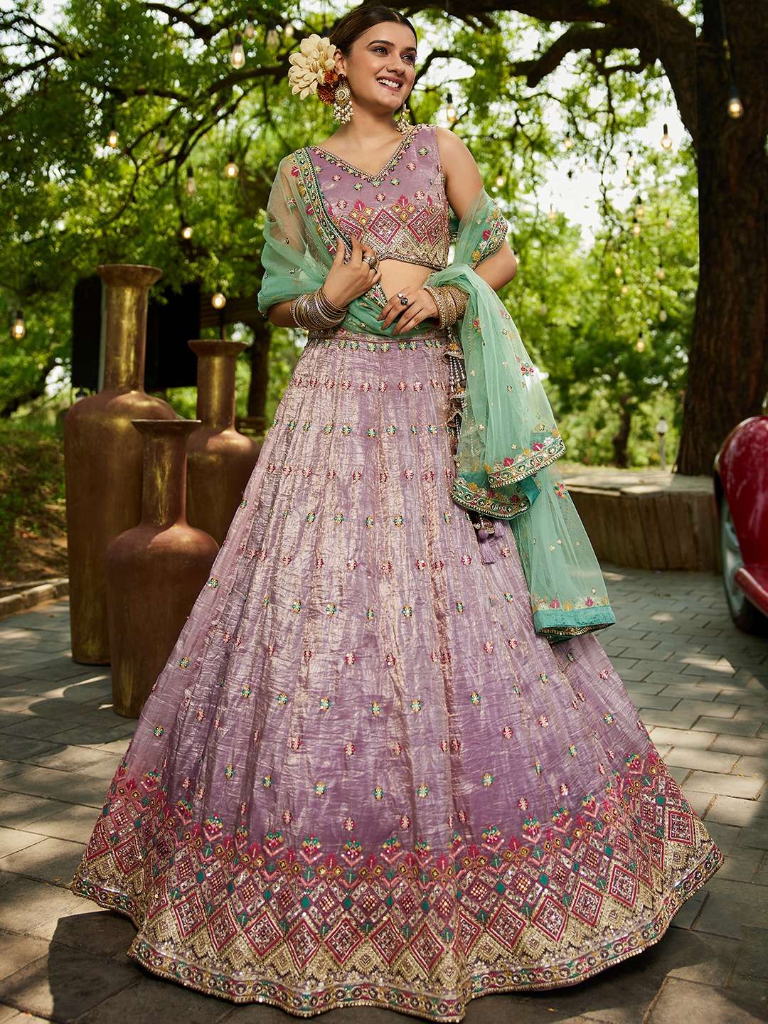 INDIAN DESIGNER BOLLYWOOD WEDDING PARTY WEAR HEAVY LAVENDER TISSUE SILK LEHENGA CHOLI NT 6159 A