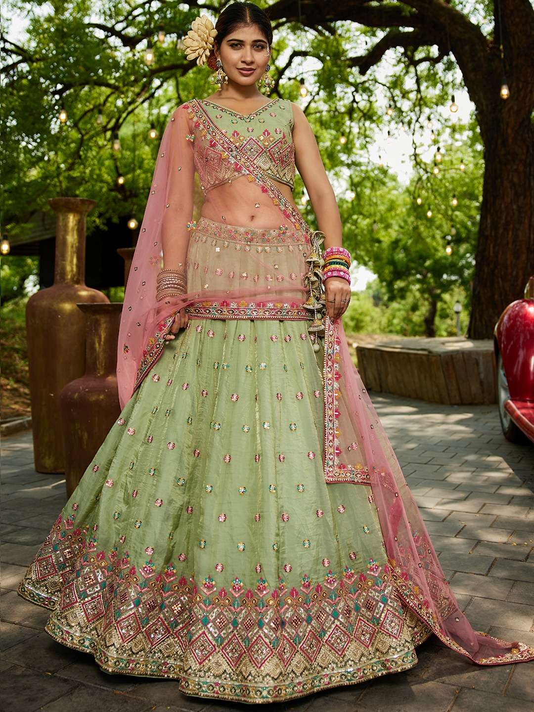 INDIAN DESIGNER BOLLYWOOD WEDDING PARTY WEAR HEAVY GREEN TISSUE SILK LEHENGA CHOLI NT 6159 B