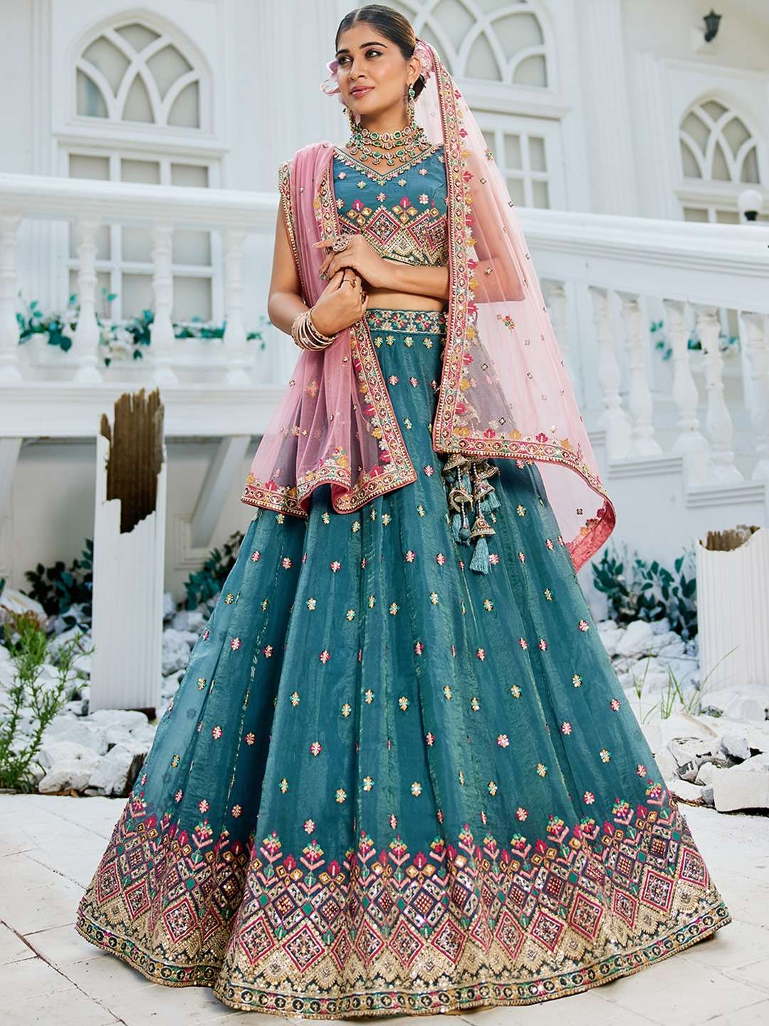 INDIAN DESIGNER BOLLYWOOD WEDDING PARTY WEAR HEAVY TEAL BLUE TISSUE SILK LEHENGA CHOLI NT 6159 C