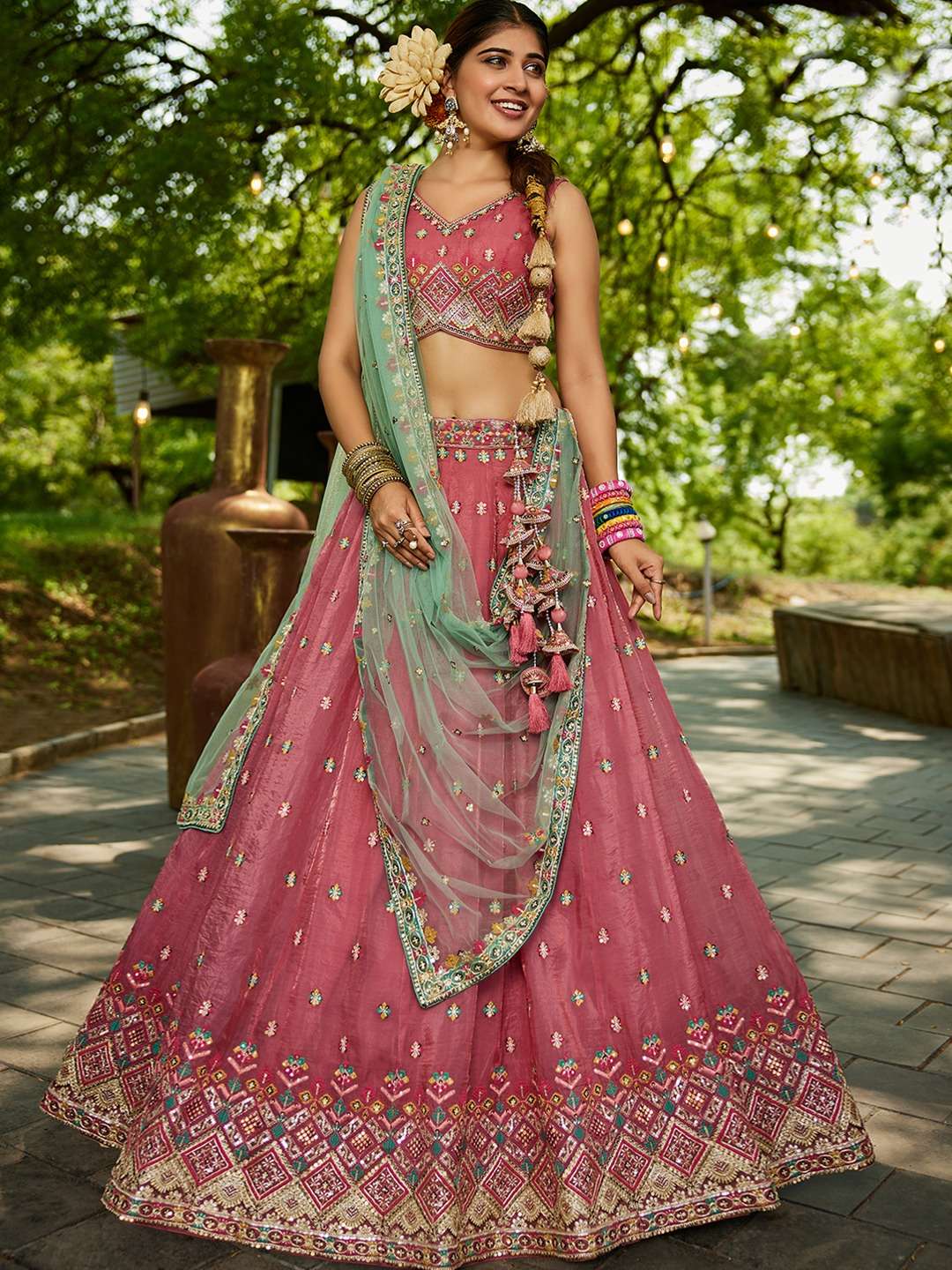 INDIAN DESIGNER BOLLYWOOD WEDDING PARTY WEAR HEAVY PINK TISSUE SILK LEHENGA CHOLI NT 6159 D