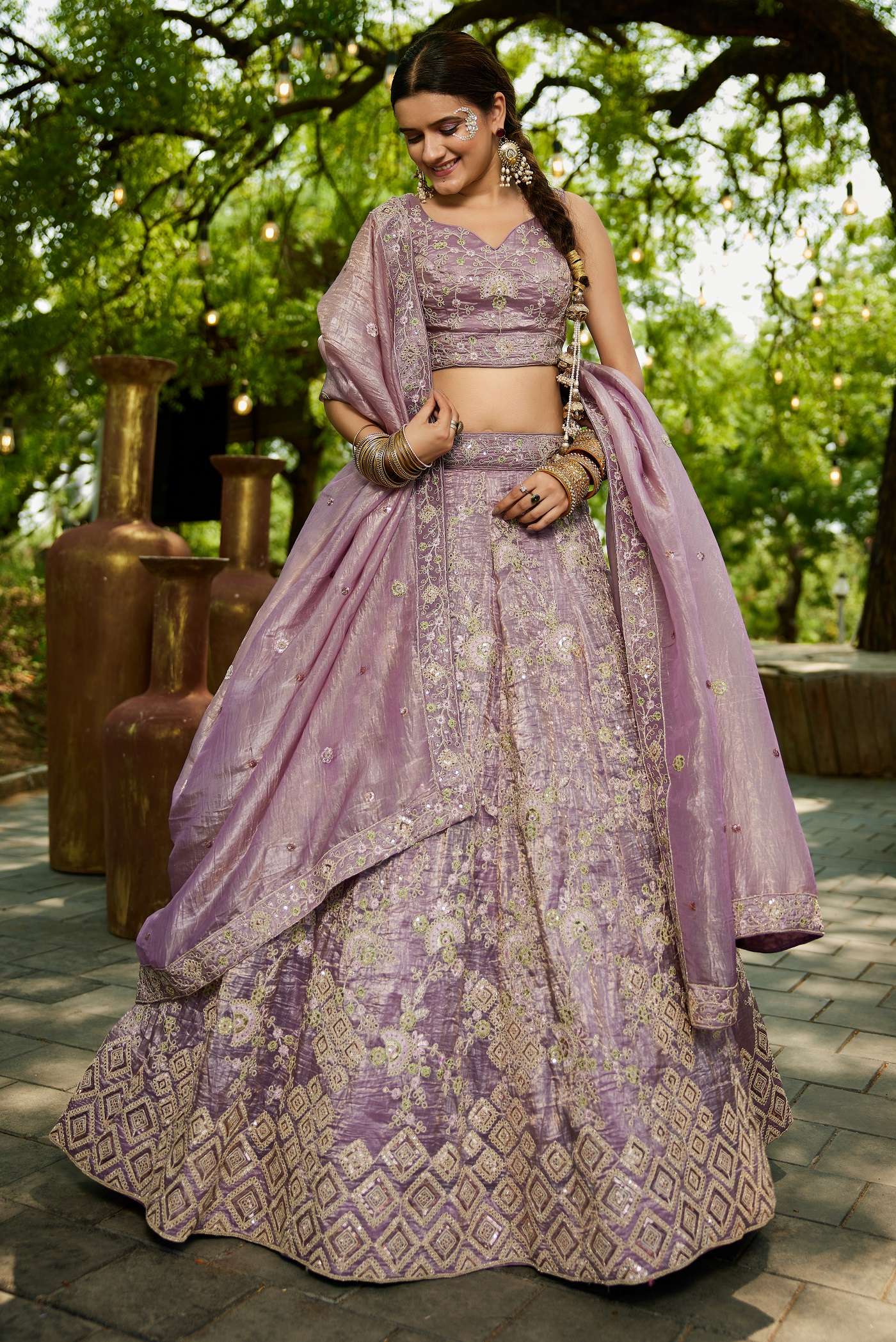 INDIAN DESIGNER BOLLYWOOD WEDDING PARTY WEAR HEAVY TISSUE SILK LAVENDER LEHENGA CHOLI NT 6141 C