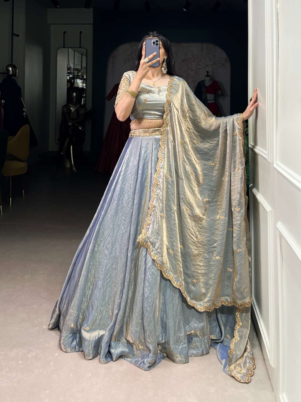 INDIAN DESIGNER BOLLYWOOD WEDDING PARTY WEAR HEAVY GREY FENDY SILK LEHENGA CHOLI LNB 1440 B