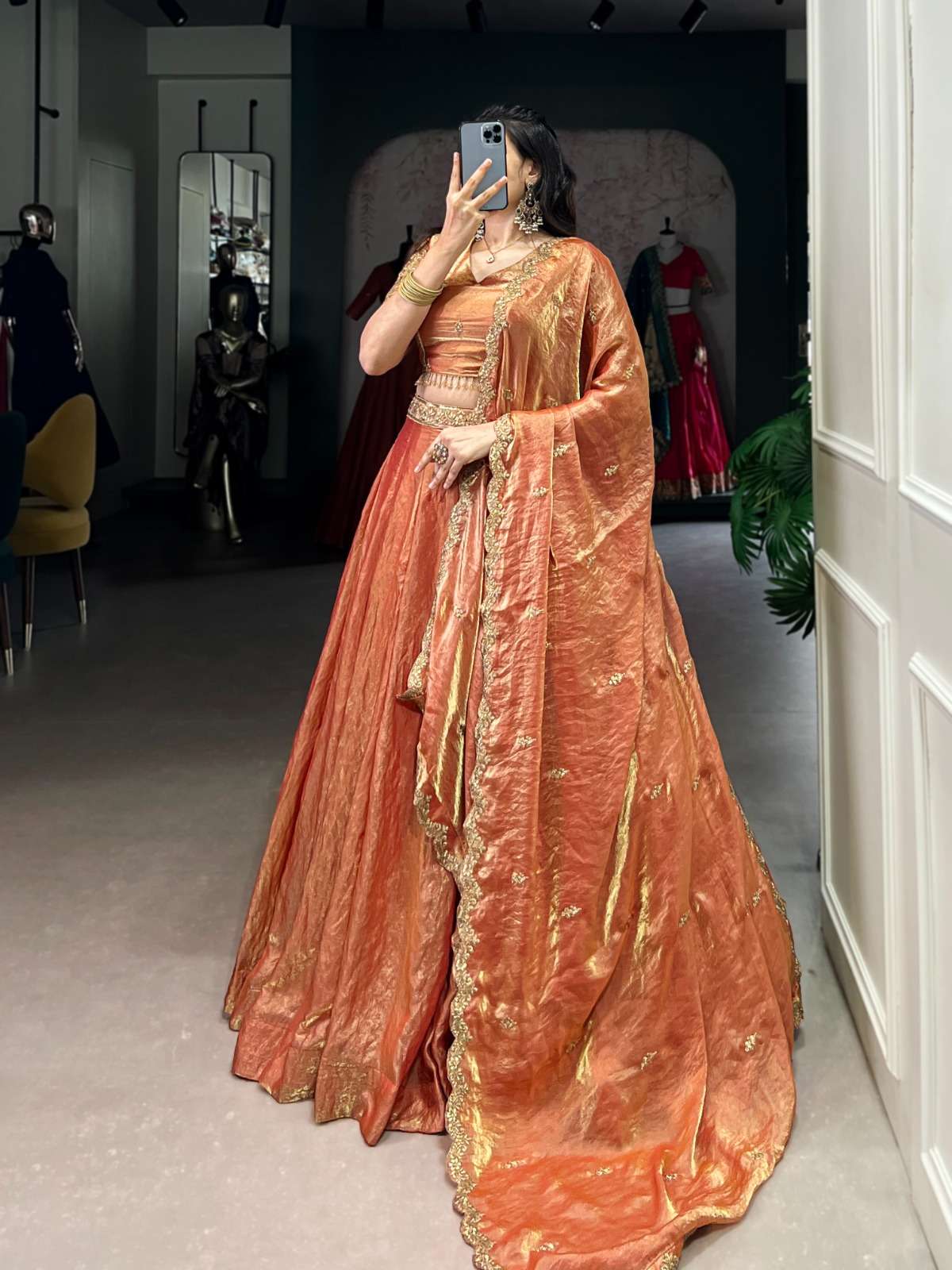 INDIAN DESIGNER BOLLYWOOD WEDDING PARTY WEAR HEAVY ORANGE FENDY SILK LEHENGA CHOLI LNB 1440 C