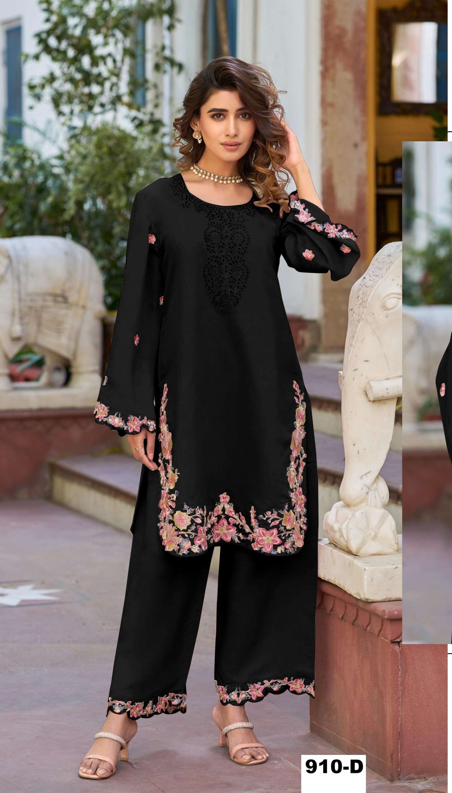 INDIAN DESIGNER FANCY WEDDING PARTY WEAR BLACK CORD SET WHITE PV COTTON SHARARA SALWAR SUIT CPR 910 D