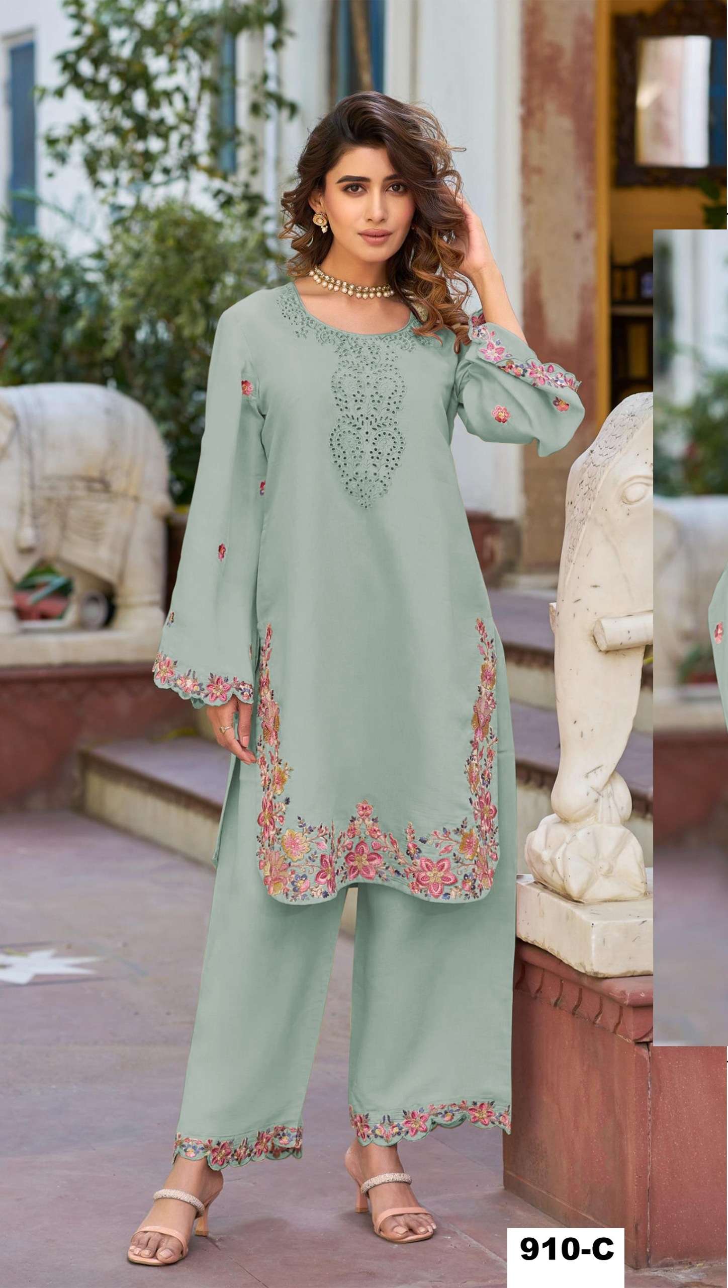 INDIAN DESIGNER FANCY WEDDING PARTY WEAR LIGHT GREEN CORD SET WHITE PV COTTON SHARARA SALWAR SUIT CPR 910 C