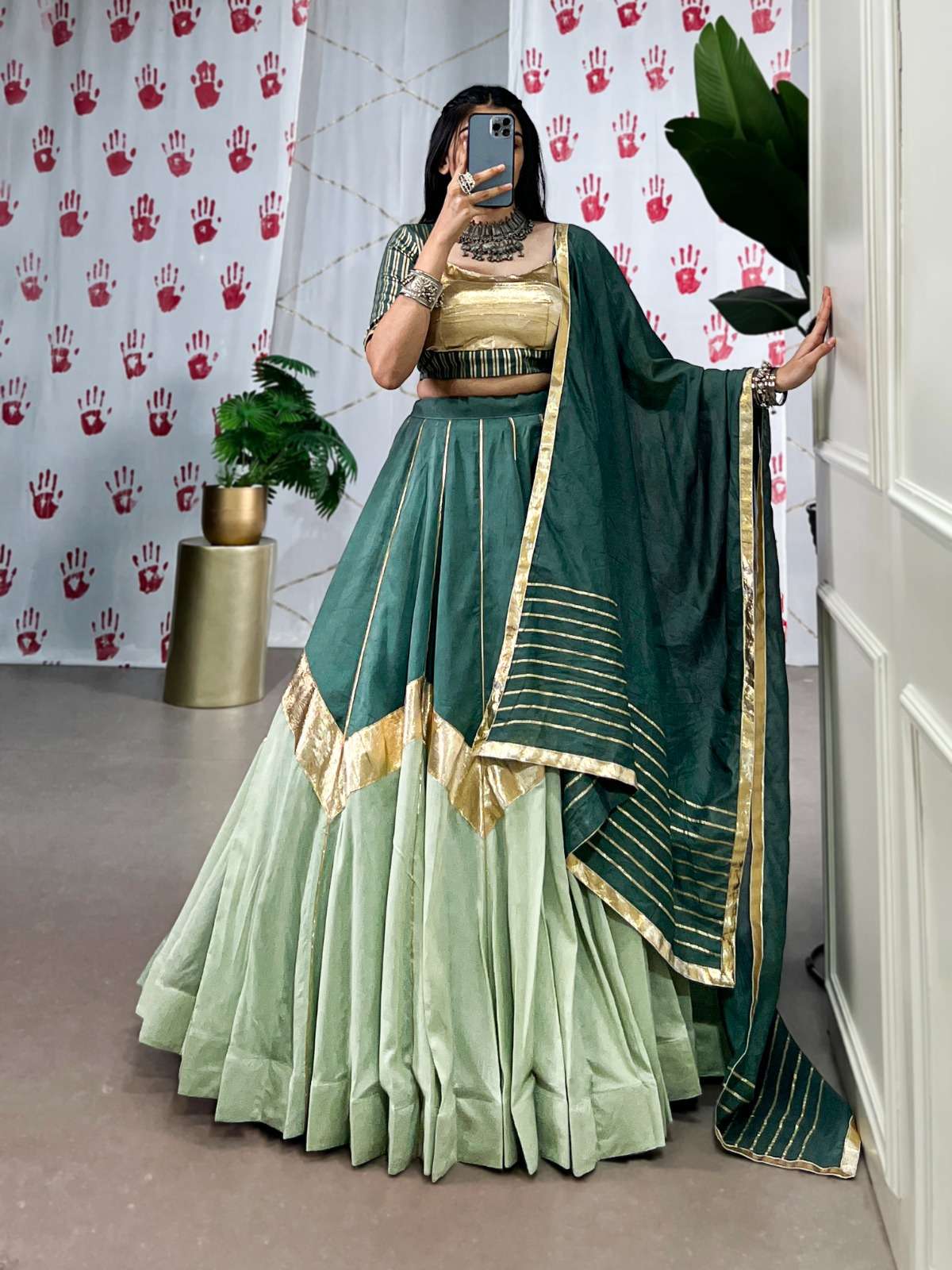 INDIAN DESIGNER WEDDING PARTY WEAR CHANDERI SILK GREEN LEHENGA CHOLI NAVRATRI LEHENGA CHOLI LNB 1654