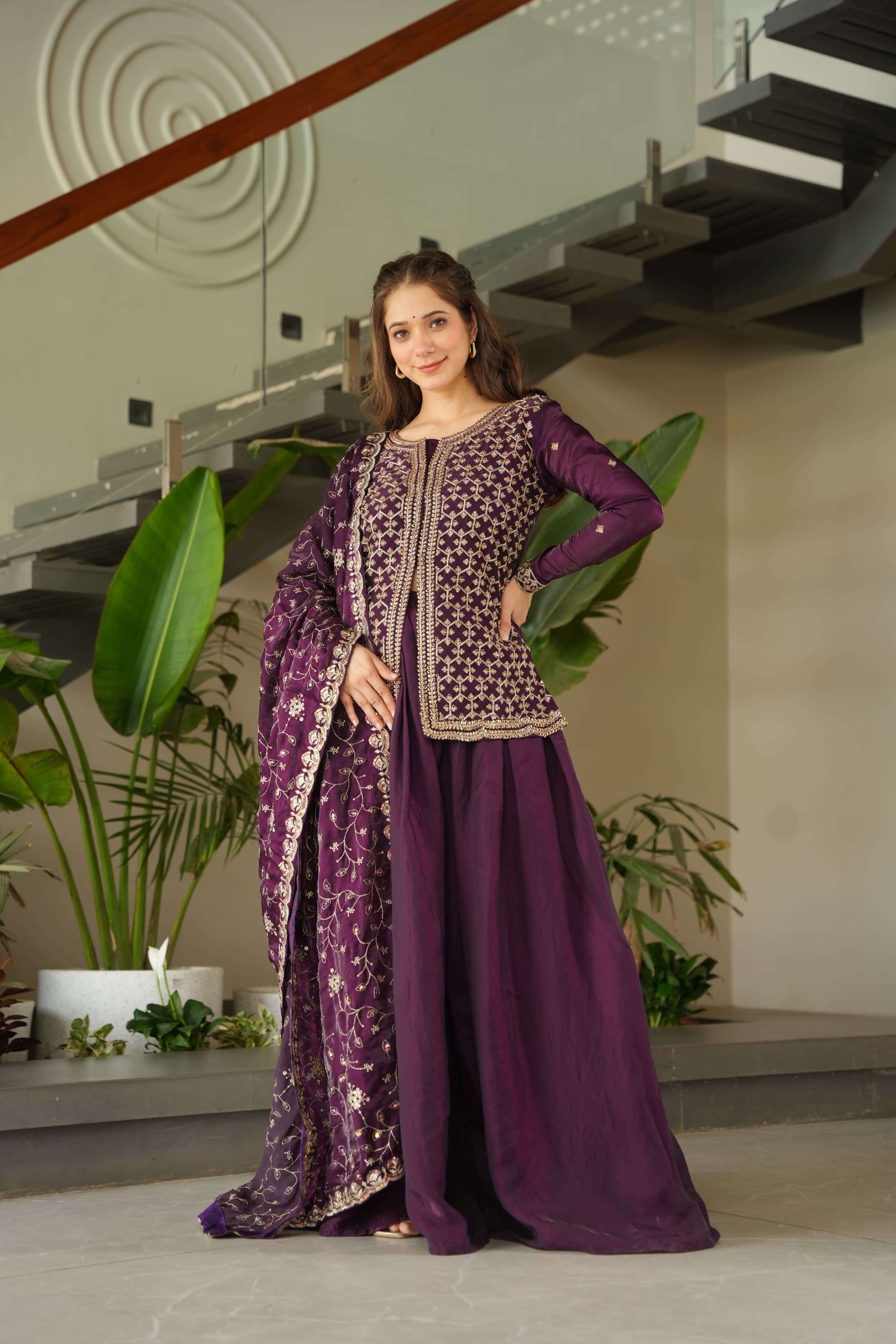 LATEST DESIGNER WEDDING PARTY WEAR READYMADE FENDY SILK MAGENTA WINE SHARARA PALLAZO SUIT GOWN LW 9247 A