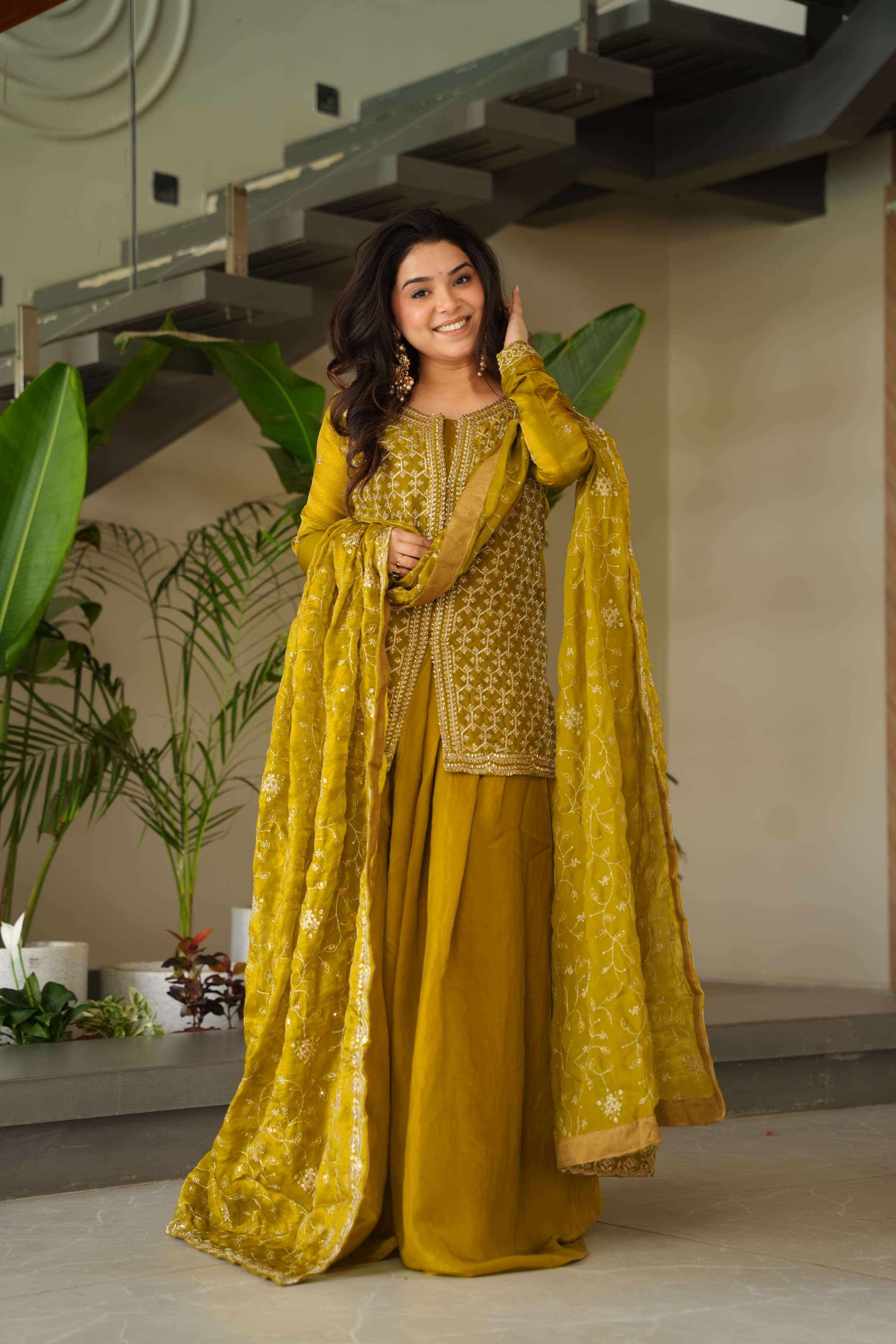 LATEST DESIGNER WEDDING PARTY WEAR READYMADE FENDY SILK YELLOW SHARARA PALLAZO SUIT GOWN LW 9247 B