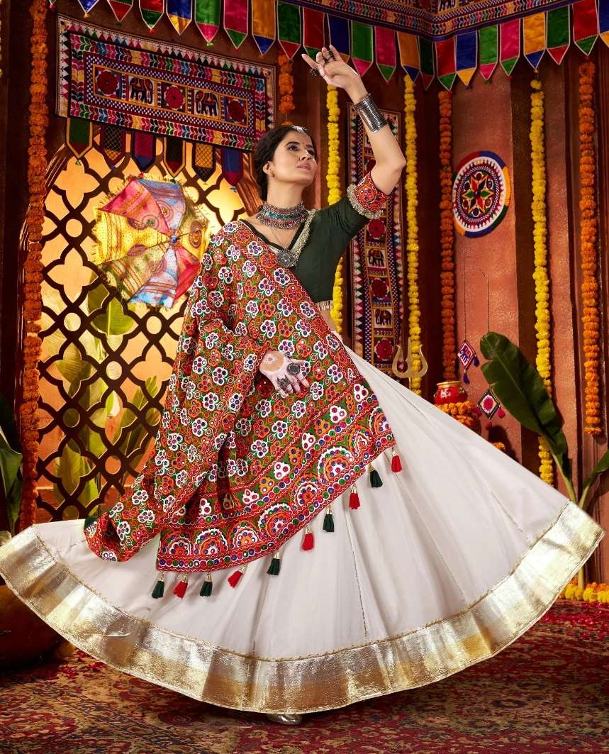 MULTICOLOR NAVRATRI WEAR WHITE LEHENGA CHOLI WITH MIRROR WORK KF RAAS KF 11074