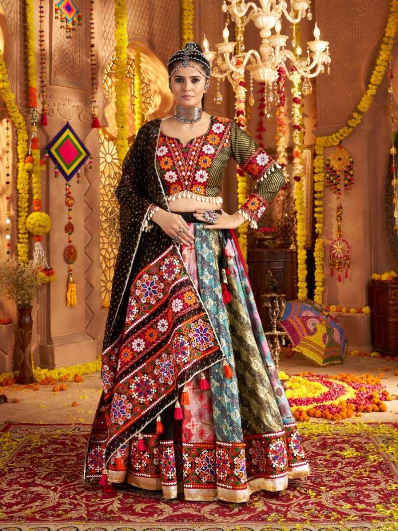 NAVRATRI WEAR BLACK LEHENGA CHOLI IN VISCOSE RAYON FABRIC WITH FOIL MIRROR WORK KF RAAS 11002