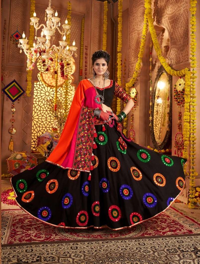 NAVRATRI WEAR READYMADE BLACK LEHENGA CHOLI IN VISCOSE COTTON WITH MIRROR WORK KF RAAS 11012