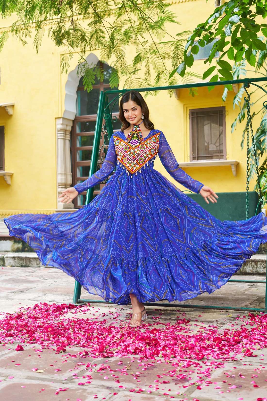 NAVRATRI WEAR READYMADE BLUE KURTI IN BANDHANI PRINT GEORGETTE FABRIC KU 1194 C
