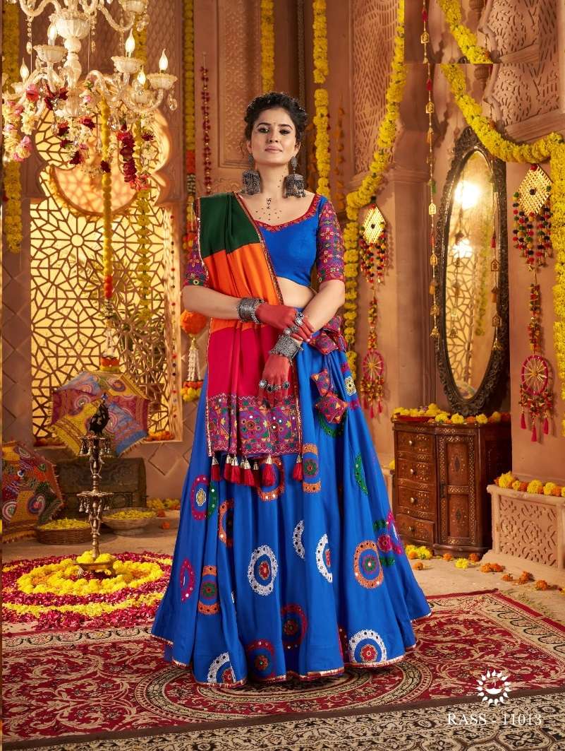 NAVRATRI WEAR READYMADE BLUE LEHENGA CHOLI IN VISCOSE COTTON WITH MIRROR WORK KF RAAS 11013
