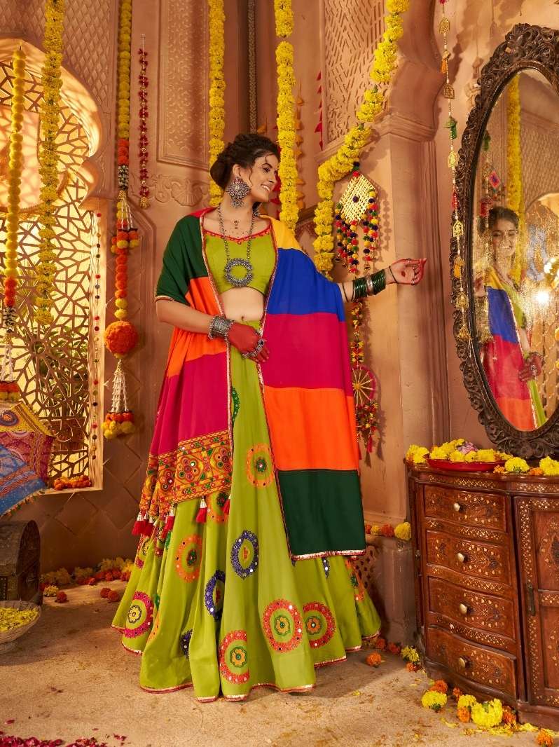 NAVRATRI WEAR READYMADE GREEN LEHENGA CHOLI IN VISCOSE COTTON WITH MIRROR WORK KF RAAS 11011