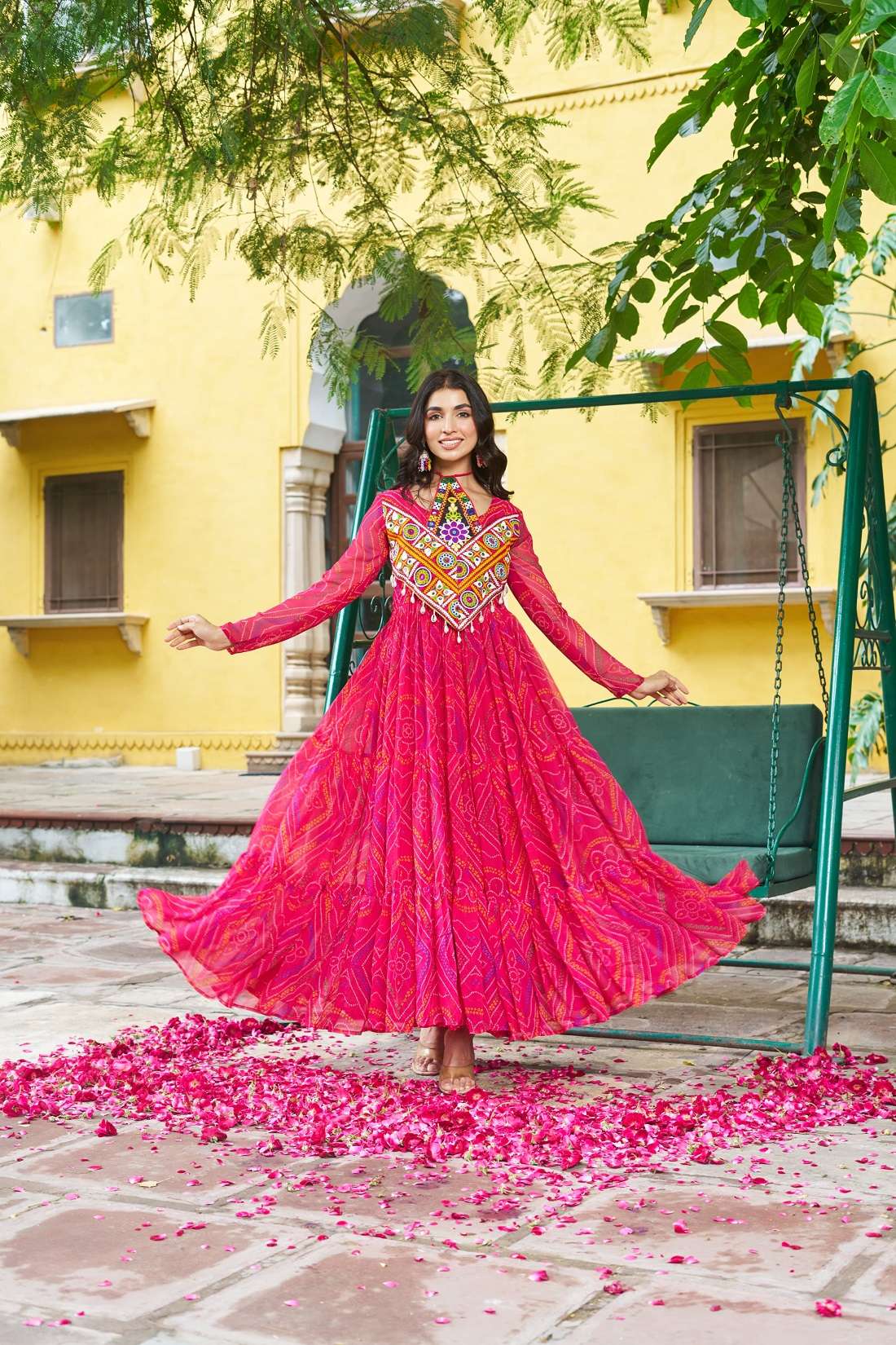 NAVRATRI WEAR READYMADE PINK KURTI IN BANDHANI PRINT GEORGETTE FABRIC KU 1194 D