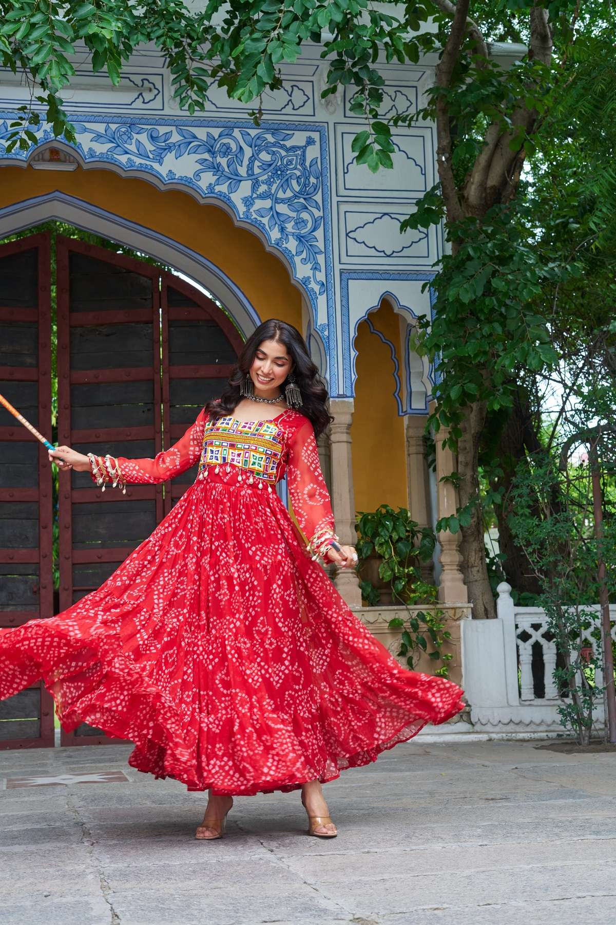 NAVRATRI WEAR READYMADE RED KURTI IN BANDHANI PRINT GEORGETTE FABRIC KU 1195 B