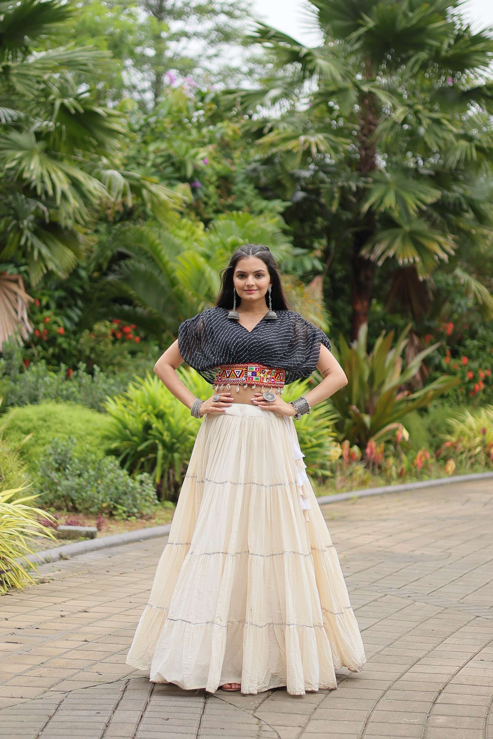 NAVRATRI WEAR WHITE BLACK LEHENGA BLOUSE COLLECTION IN COTTON FABRIC KU 5037 A