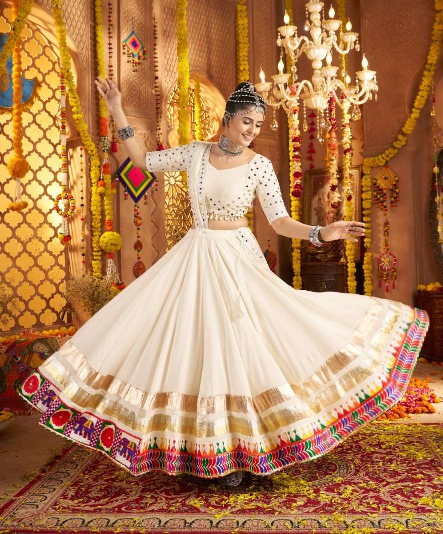 NAVRATRI WEAR WHITE LEHENGA CHOLI IN VISCOSE RAYON FABRIC WITH FOIL MIRROR WORK KF RAAS 11003