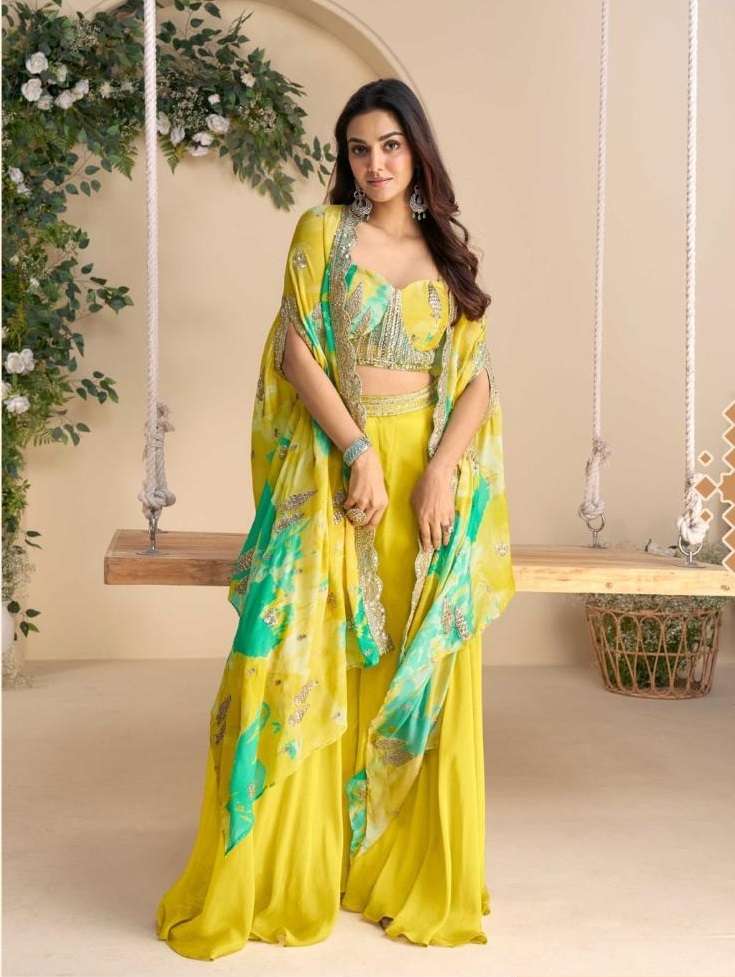 READYMADE PARTY WEAR CHINON LEMON YELLOW BLOUSE PLAZZO DUPATTA SALWAR SUIT SY WONAYA 10051