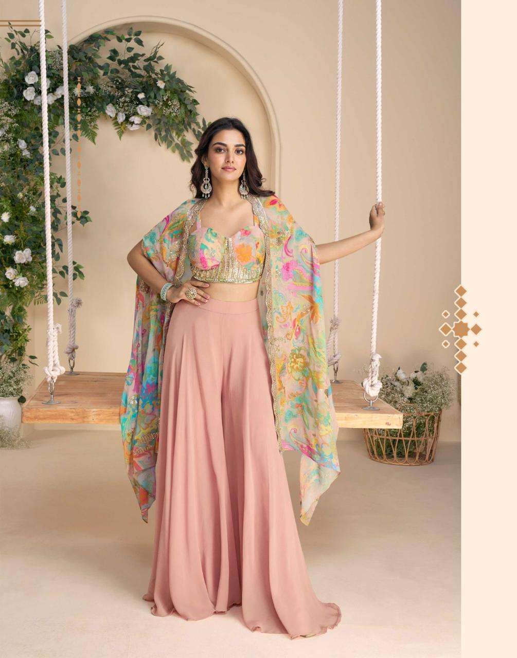 READYMADE PARTY WEAR PEACH CHINON BLOUSE PLAZZO DUPATTA SALWAR SUIT SY WONAYA 10053