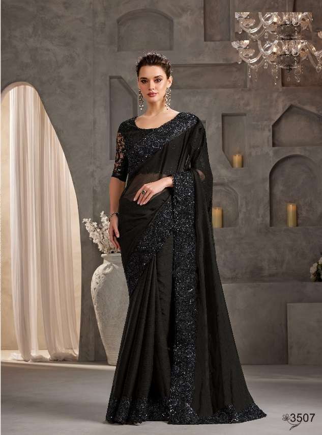 WEDDING SEASON DESIGNER PARTY WEAR BLACK CHIFFON HEAVY SAREE COLLECTION SM ANMOL 3507